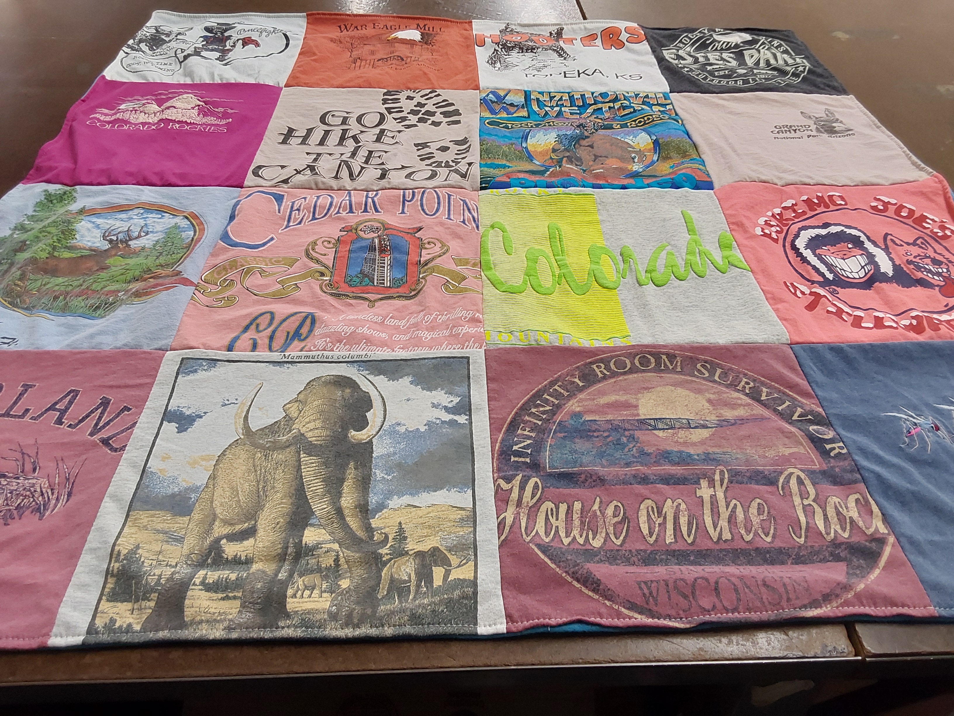 T-shirt quilt with outdoor activities, hiking themes by Janet from WI