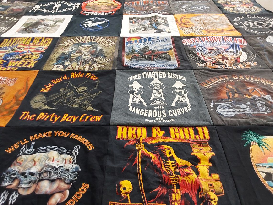 T-shirt quilt with motorcycles, biking themes by Melody from IN
