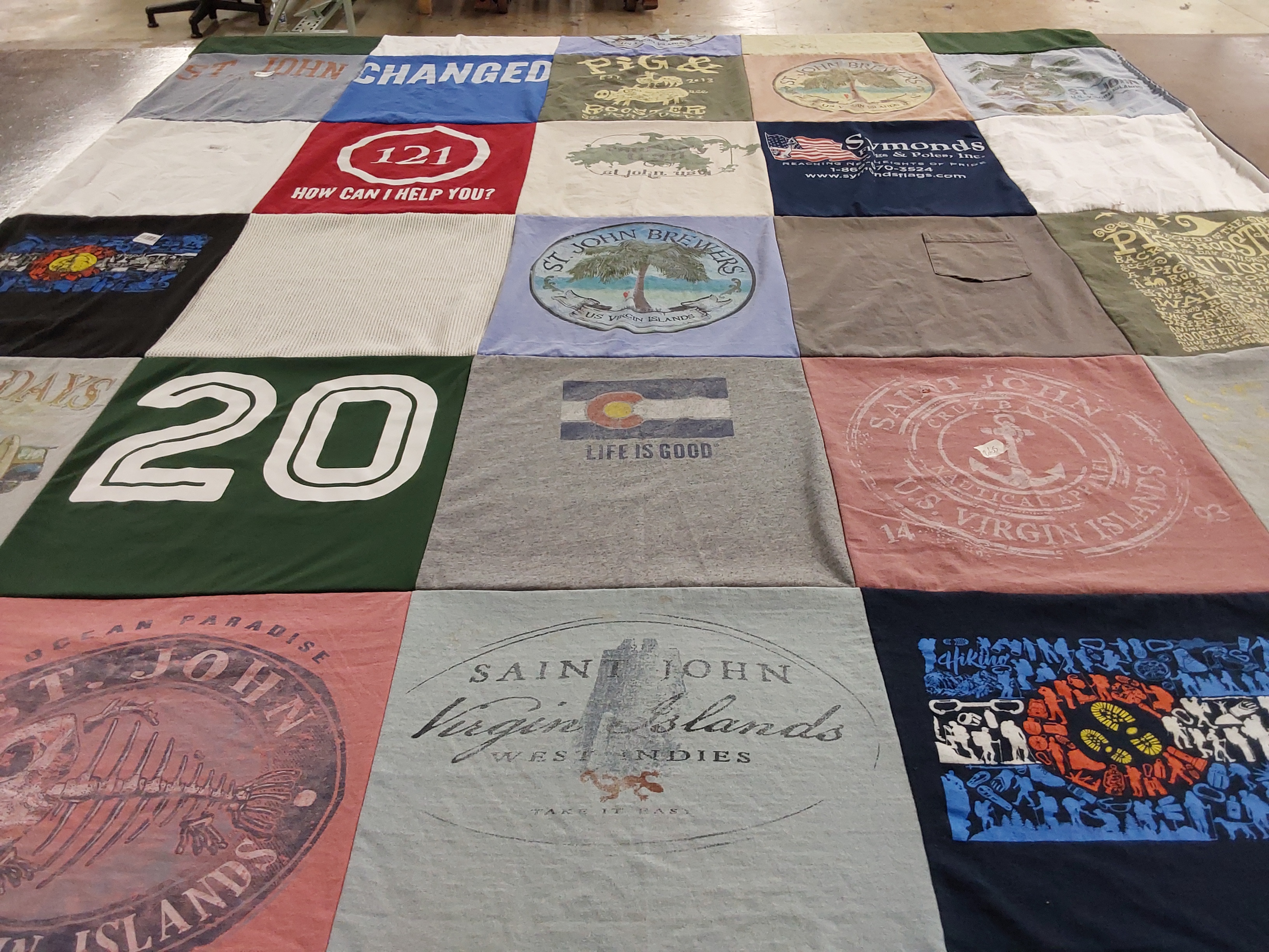 T-shirt quilt with travel, hiking themes by Lisa from TX