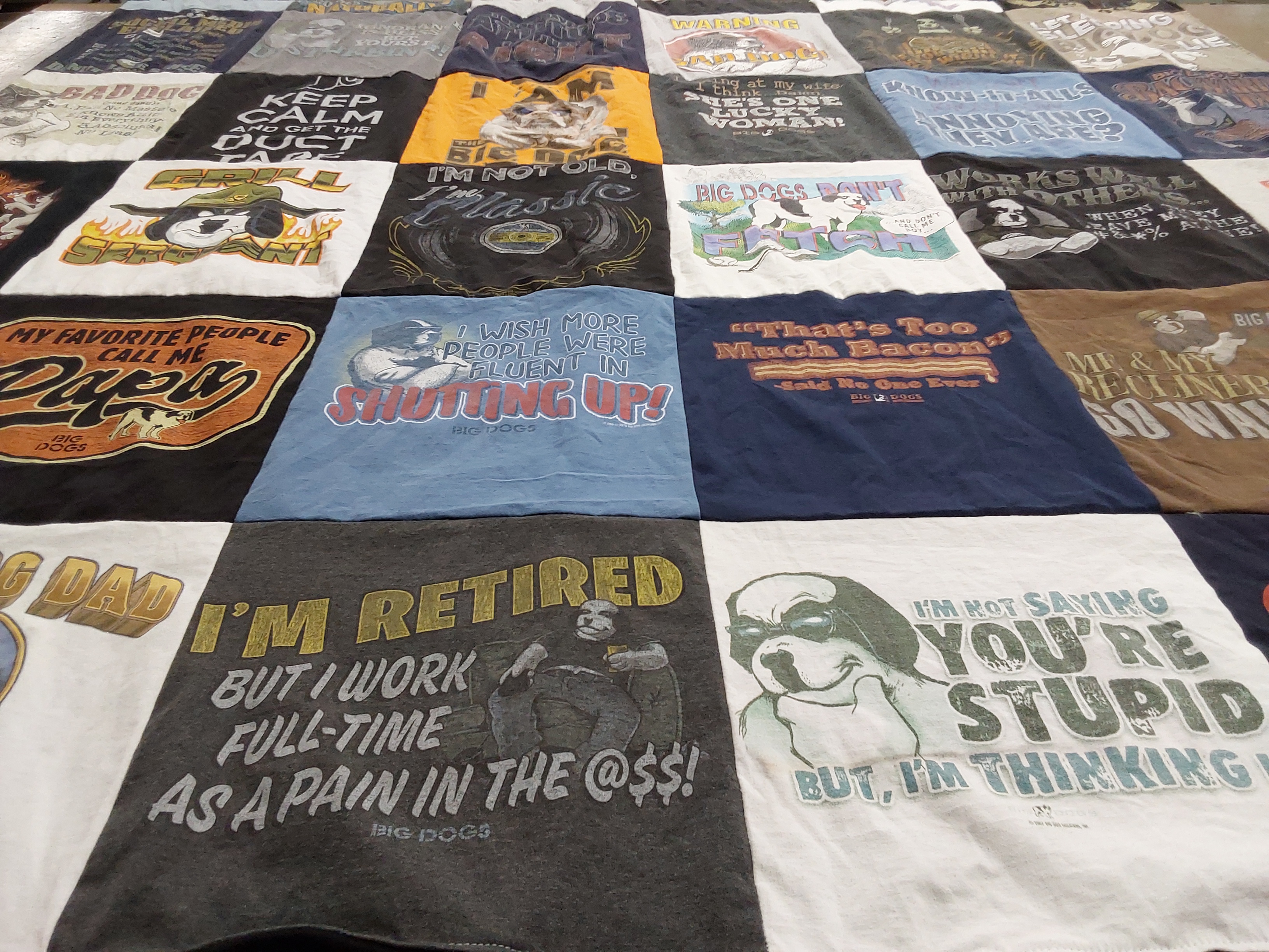 T-shirt quilt with humor, retirement themes by Jim from TX