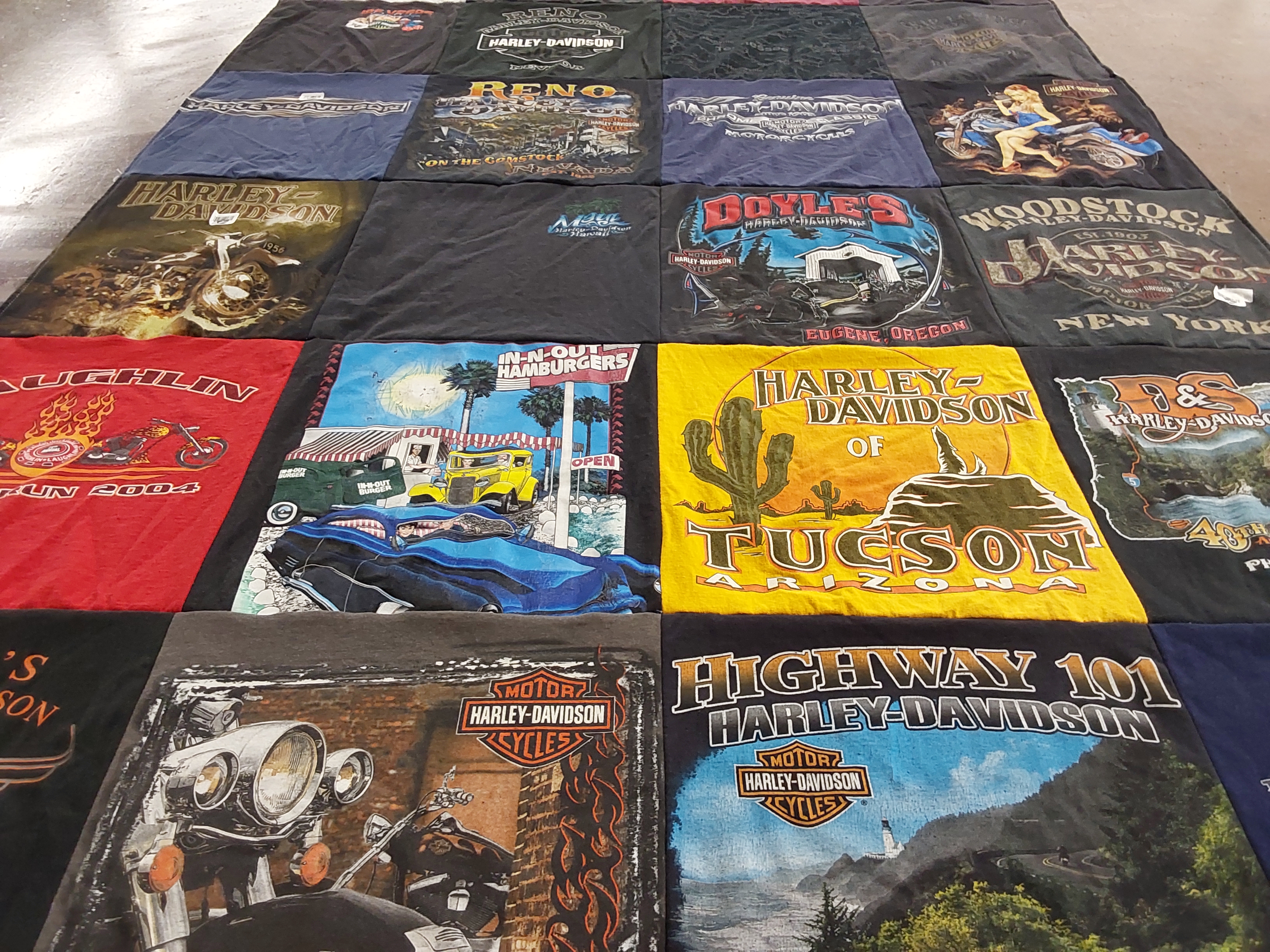 T-shirt quilt with motorcycles, food themes by Dana from CA