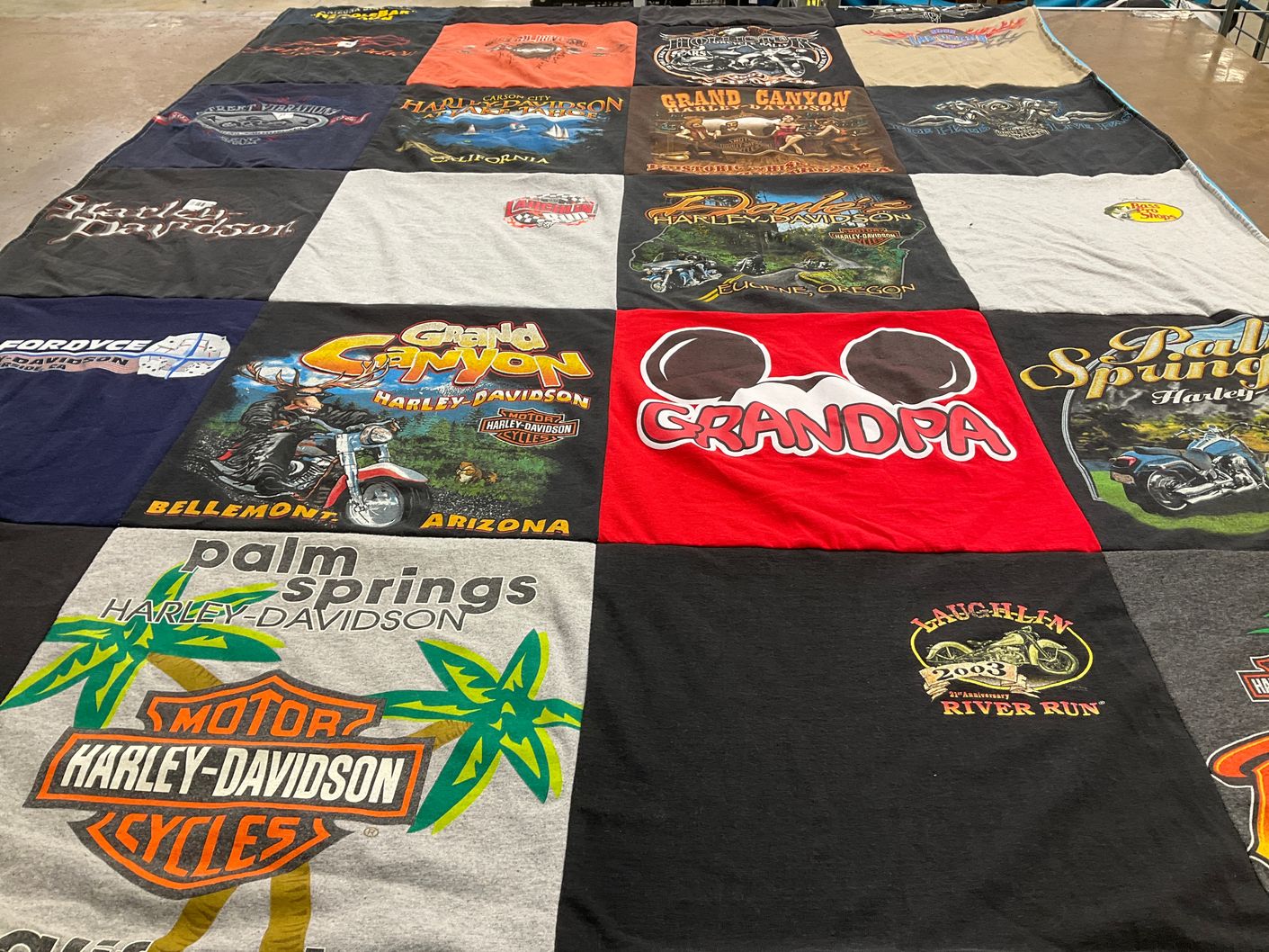 T-shirt quilt with motorcycles, travel themes by Dana from CA