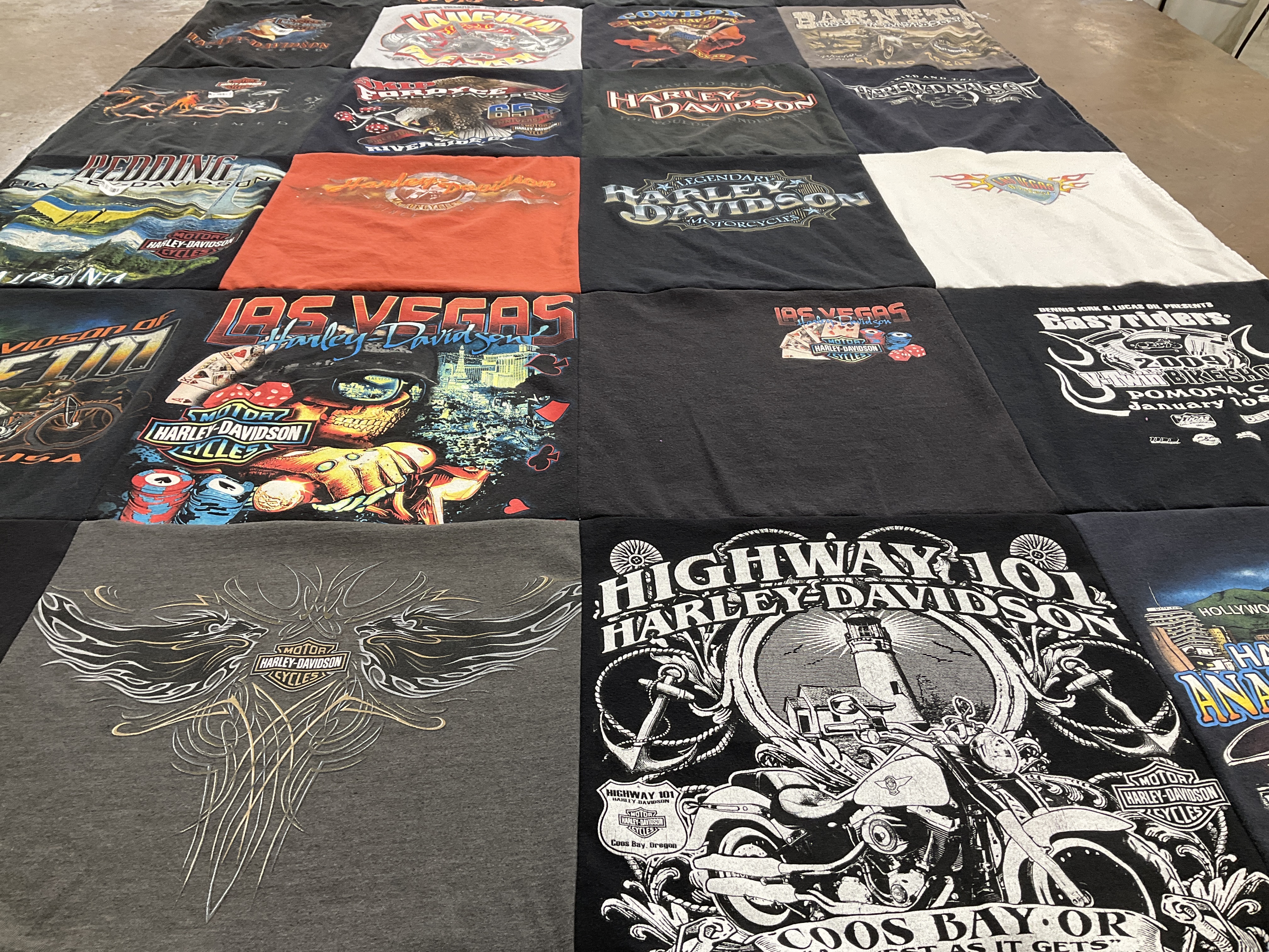 T-shirt quilt with motorcycles, biking themes by Dana from CA