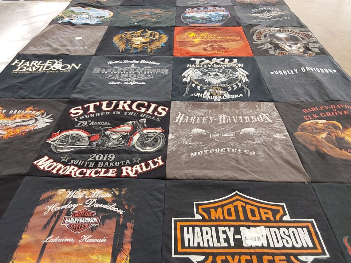 T-shirt quilt with motorcycles, biking themes by Jessica from CA