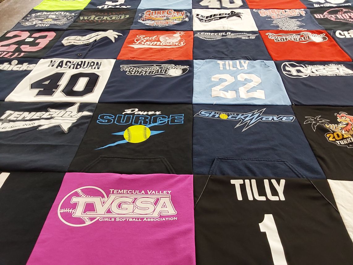 T-shirt quilt with softball, youth sports themes by Tiffany from CA