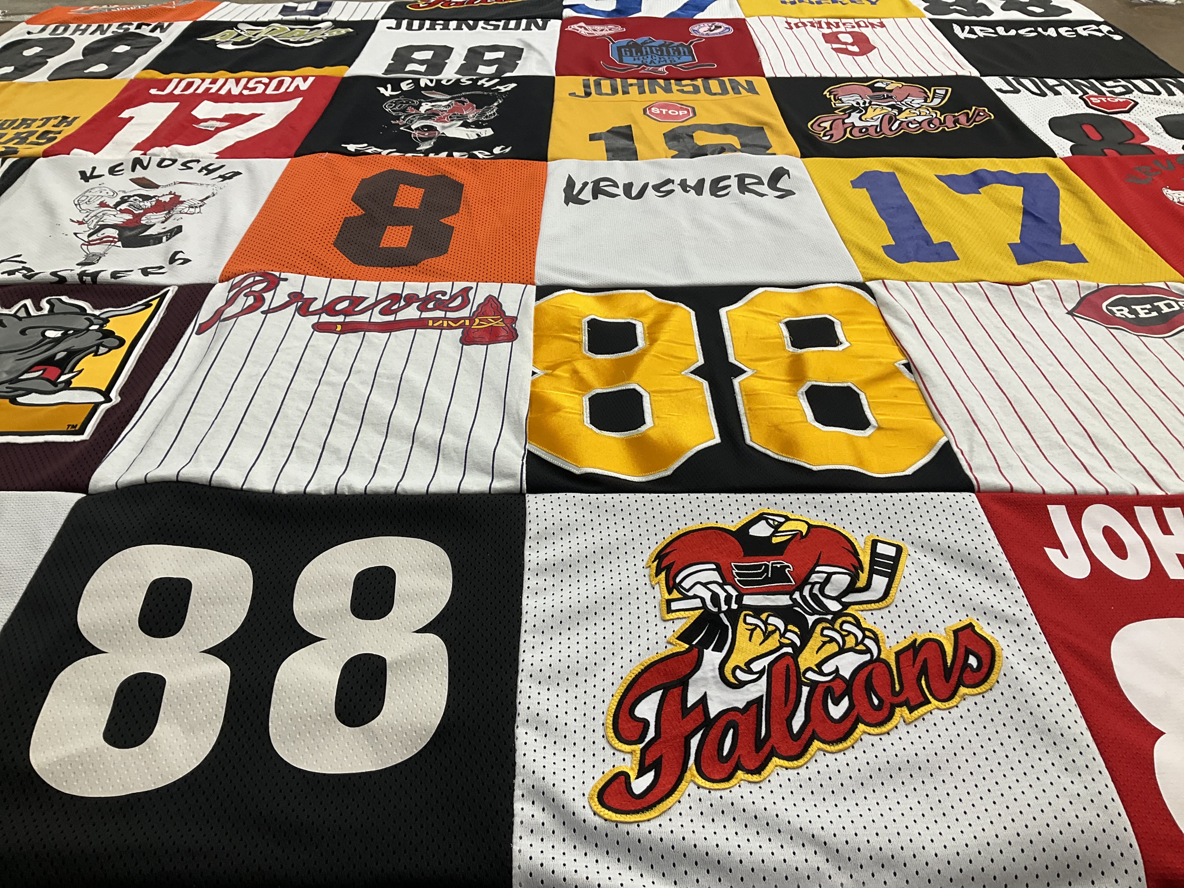 T-shirt quilt with sports, hockey themes by Lisa from IL