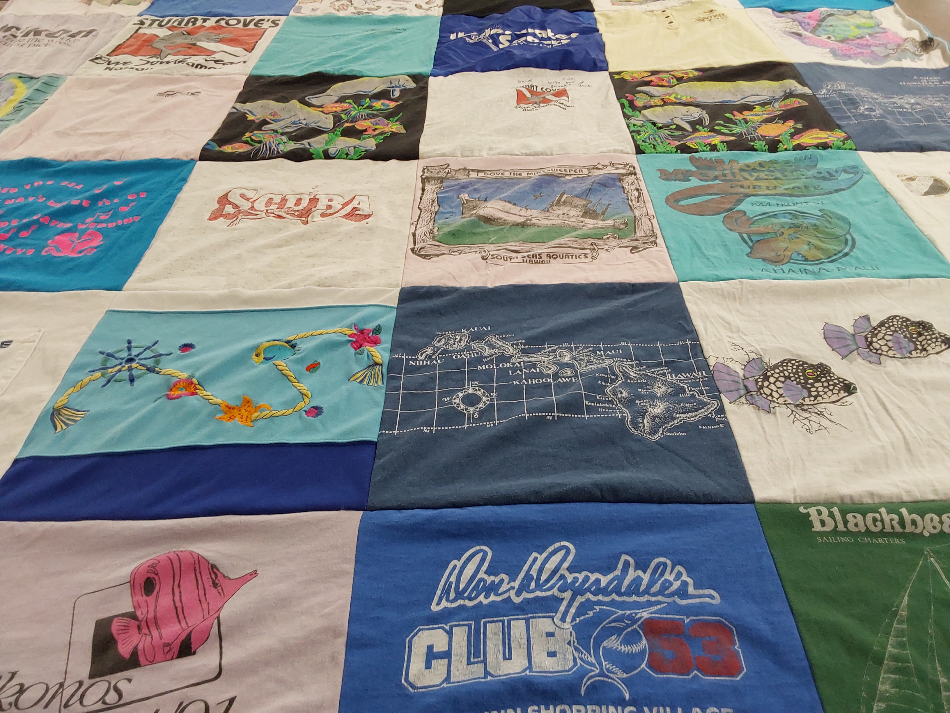 T-shirt quilt with diving, fishing themes by Ari from MO