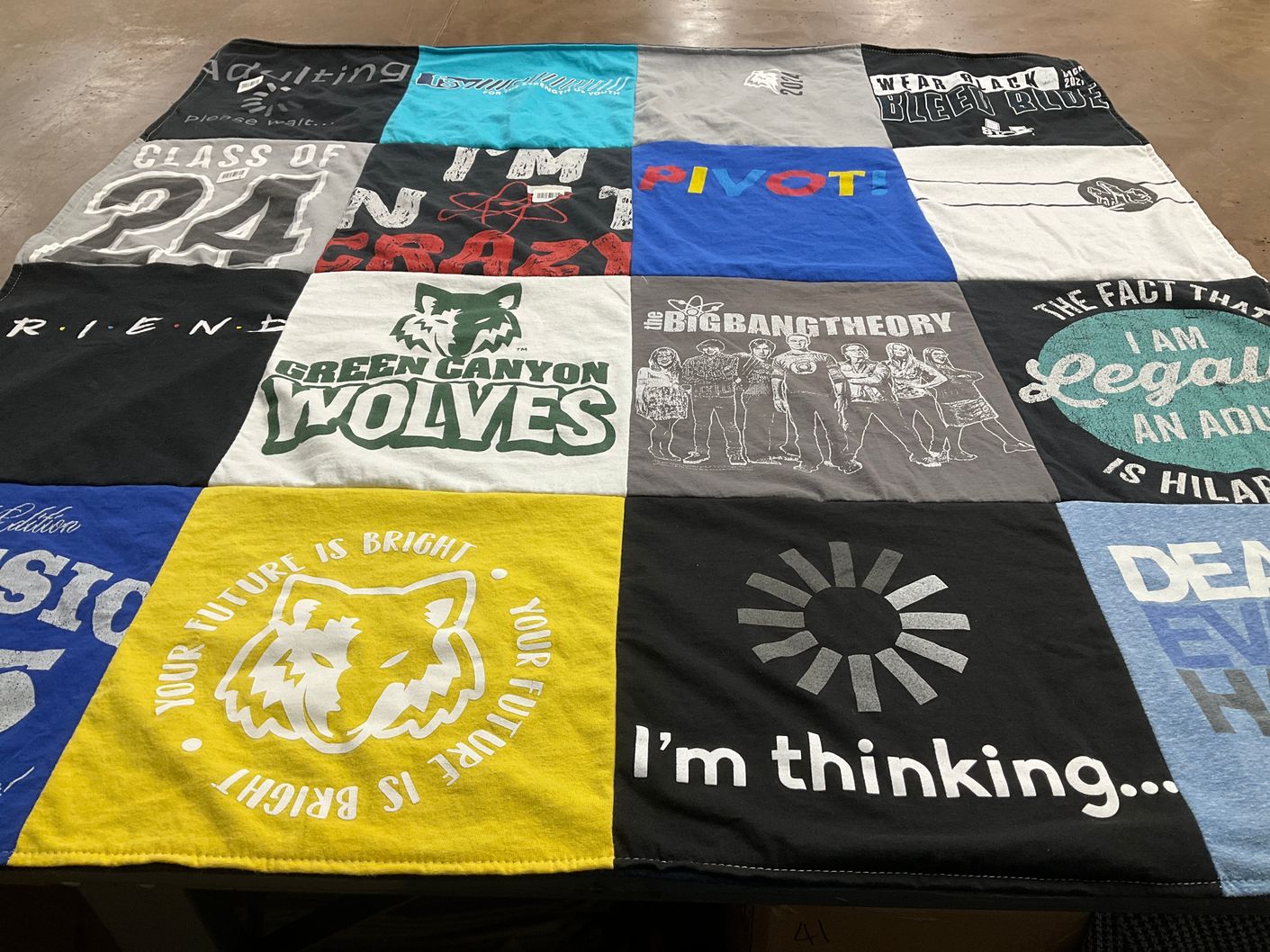 T-shirt quilt featuring green canyon wolves by Brenda from UT