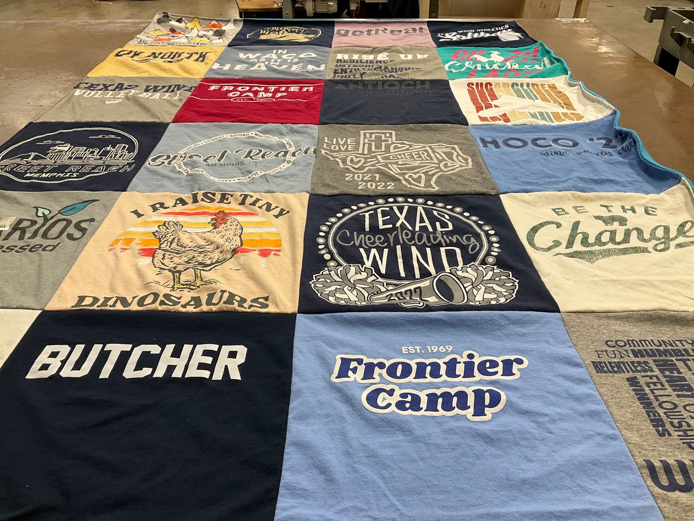 T-shirt quilt with camping, cheerleading themes by Melanie from TX