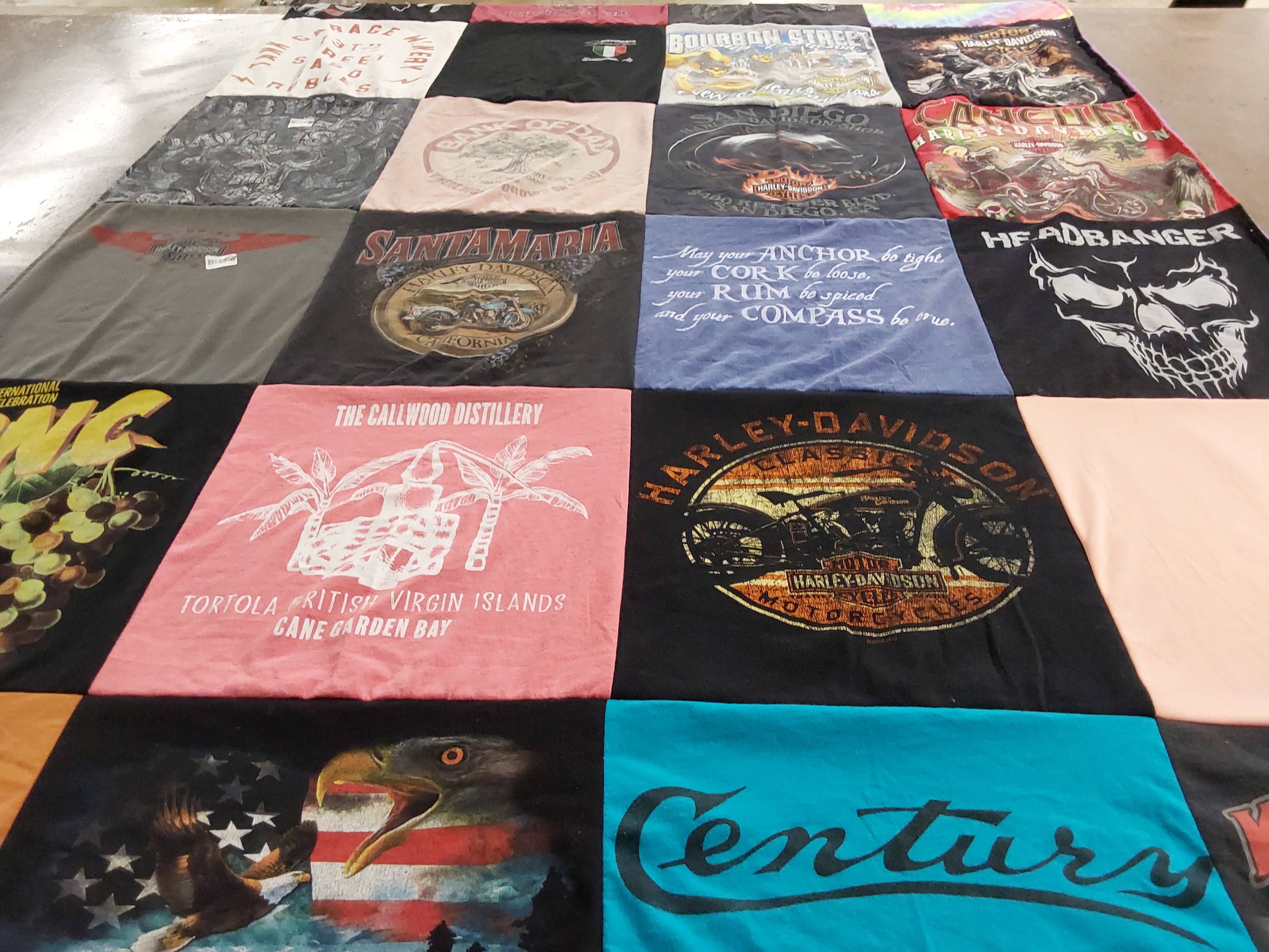 T-shirt quilt with travel, motorcycles themes by Kaitlin from AZ