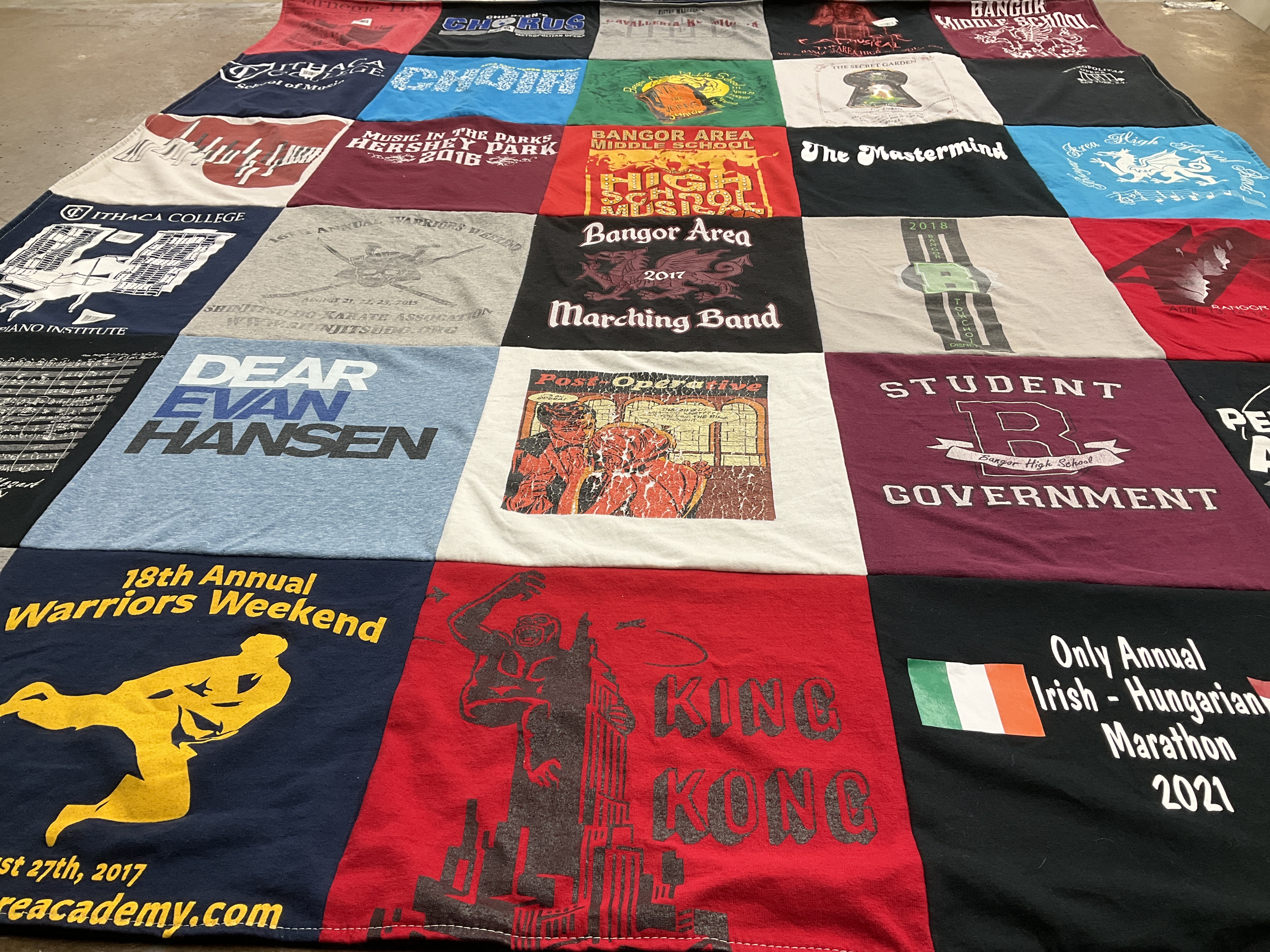 T-shirt quilt from ithaca college, bangor area high school by Margaret from PA