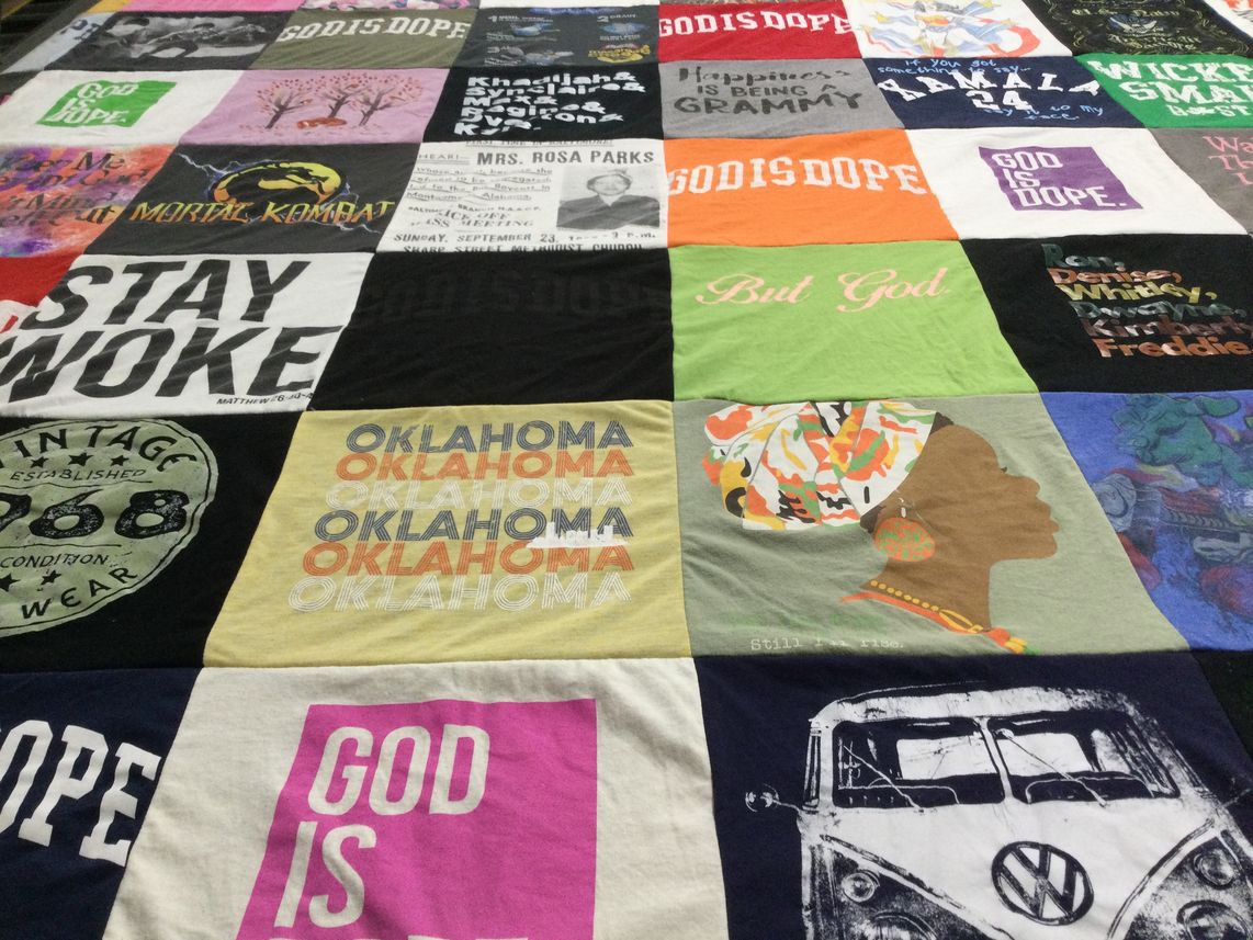 T-shirt quilt with social justice, video games themes by Lori from GA