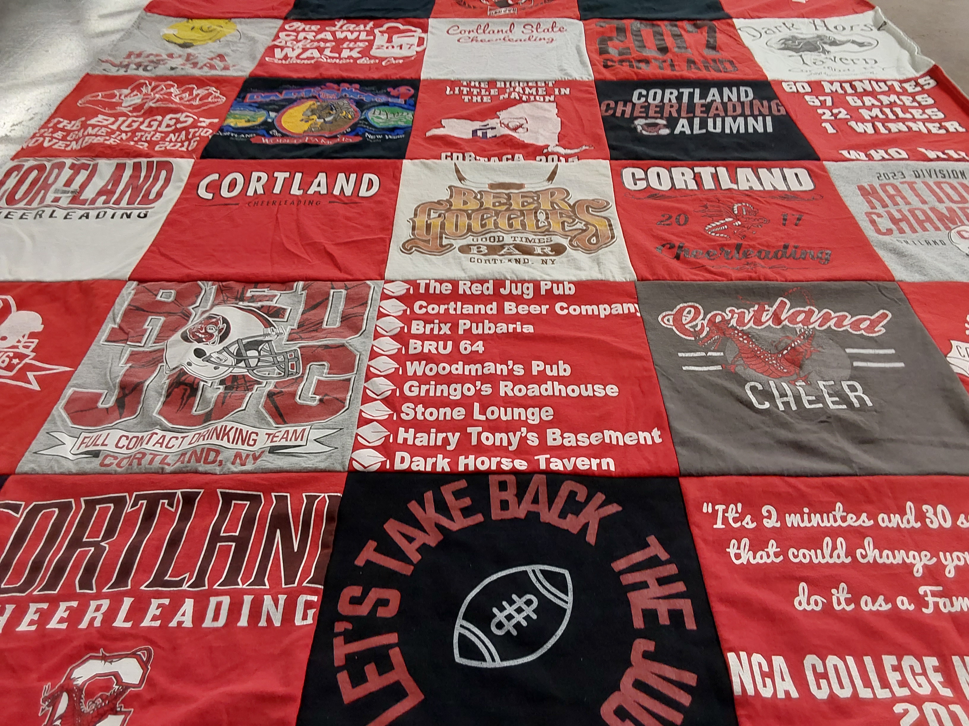 T-shirt quilt featuring cortland cheerleading, cortland red dragons football by Mary from NY