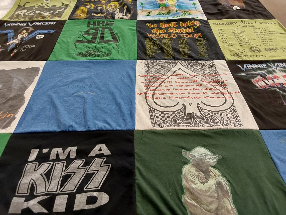T-shirt quilt with music, concerts themes by Katie from NC