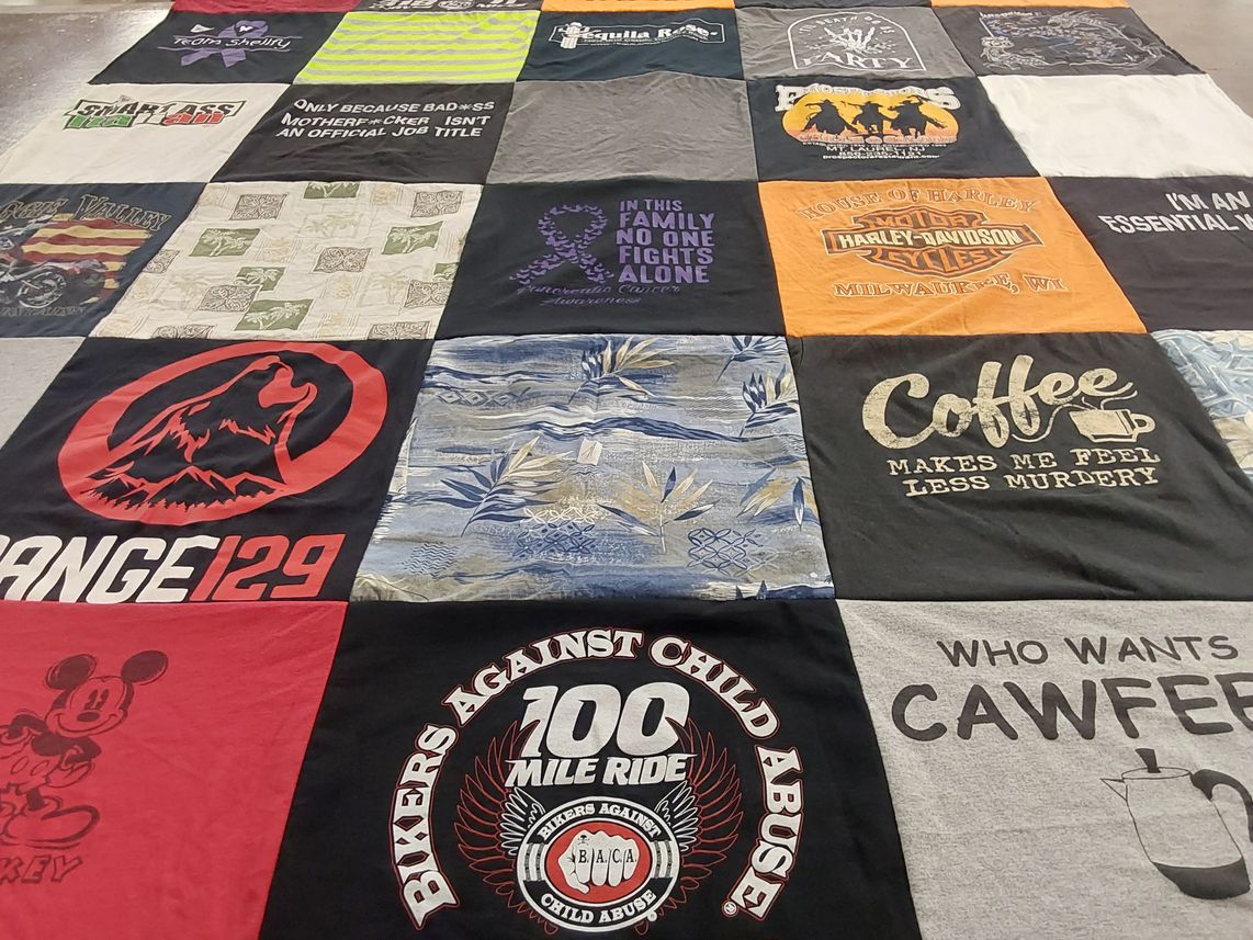 T-shirt quilt with motorcycles, coffee themes by Kimberly from NJ