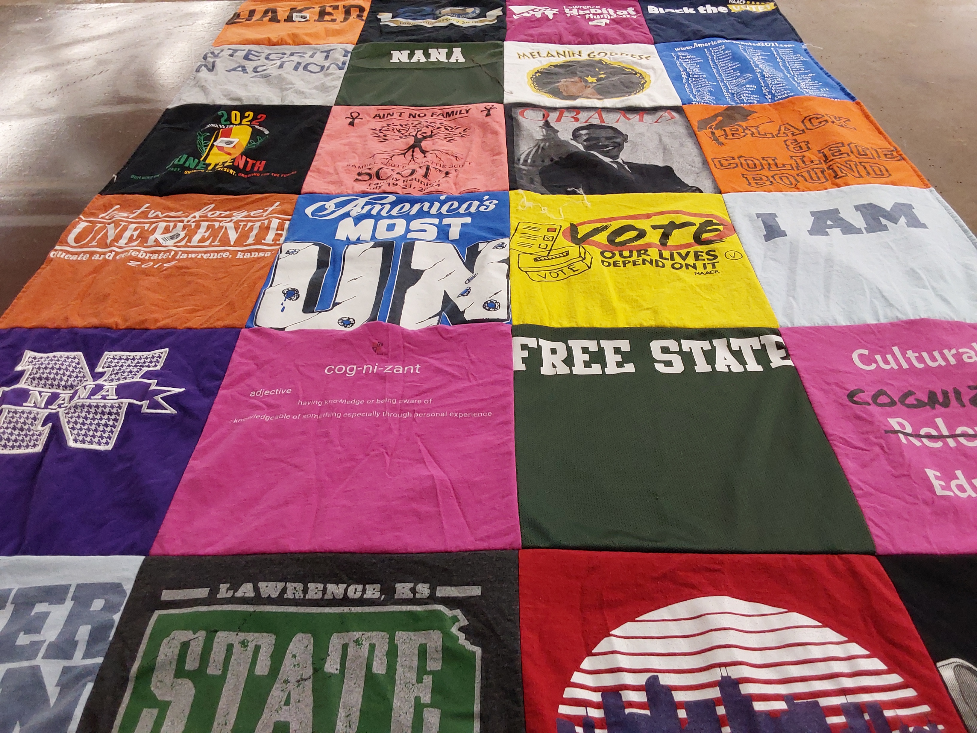 T-shirt quilt from free state high school by Njeri from KS