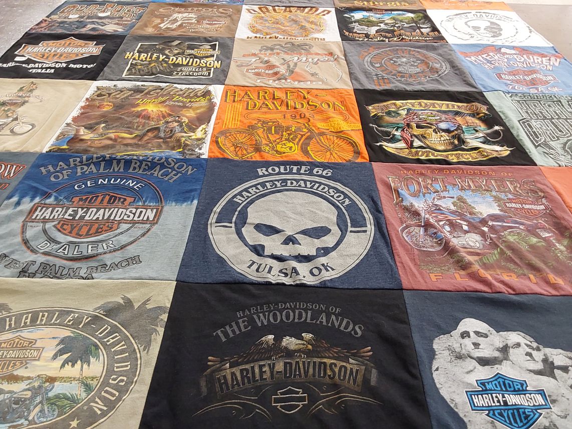 T-shirt quilt with motorcycling, tattoos themes by Hope from OK