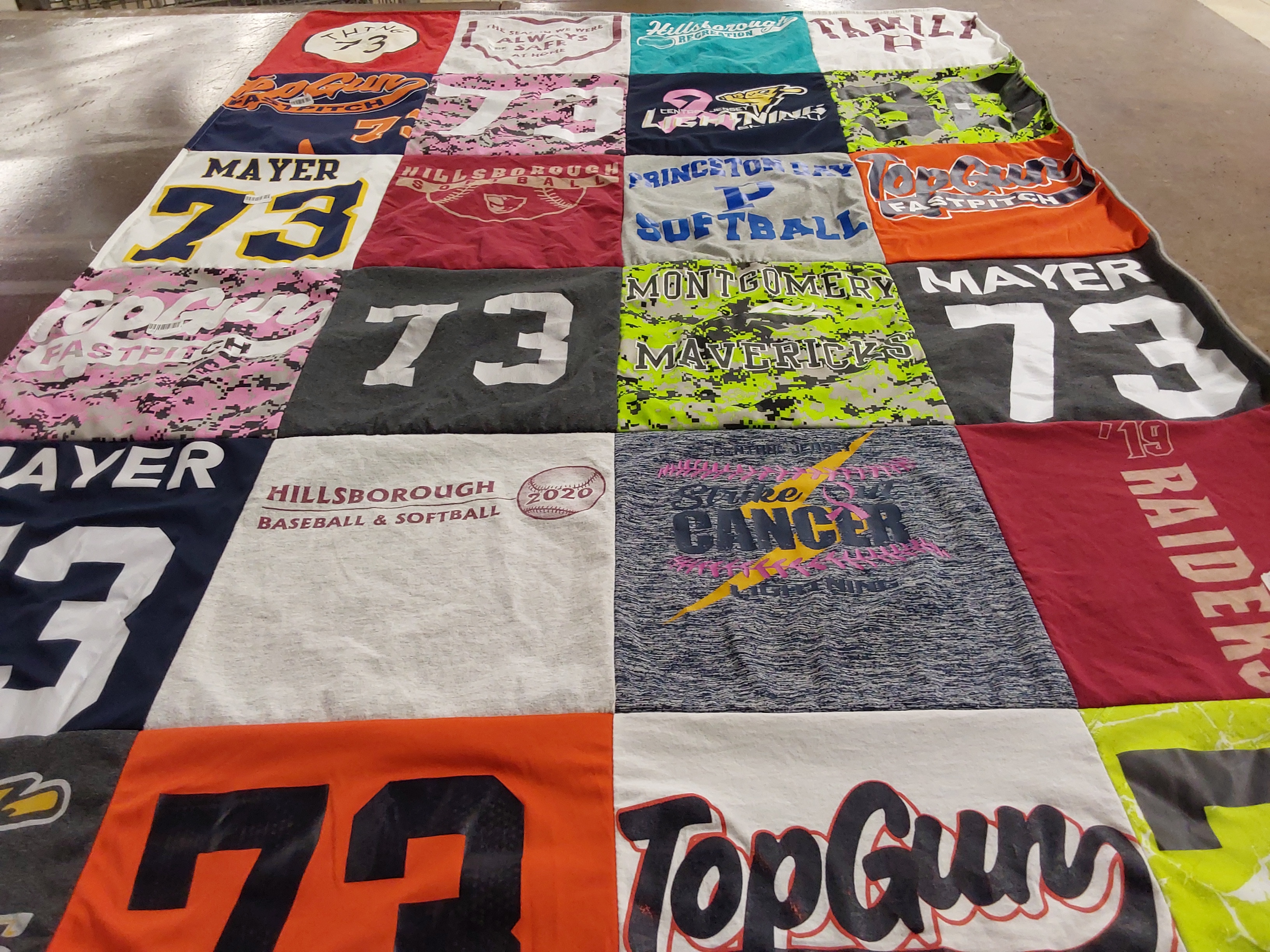 T-shirt quilt with softball, baseball themes by SUSAN from NJ