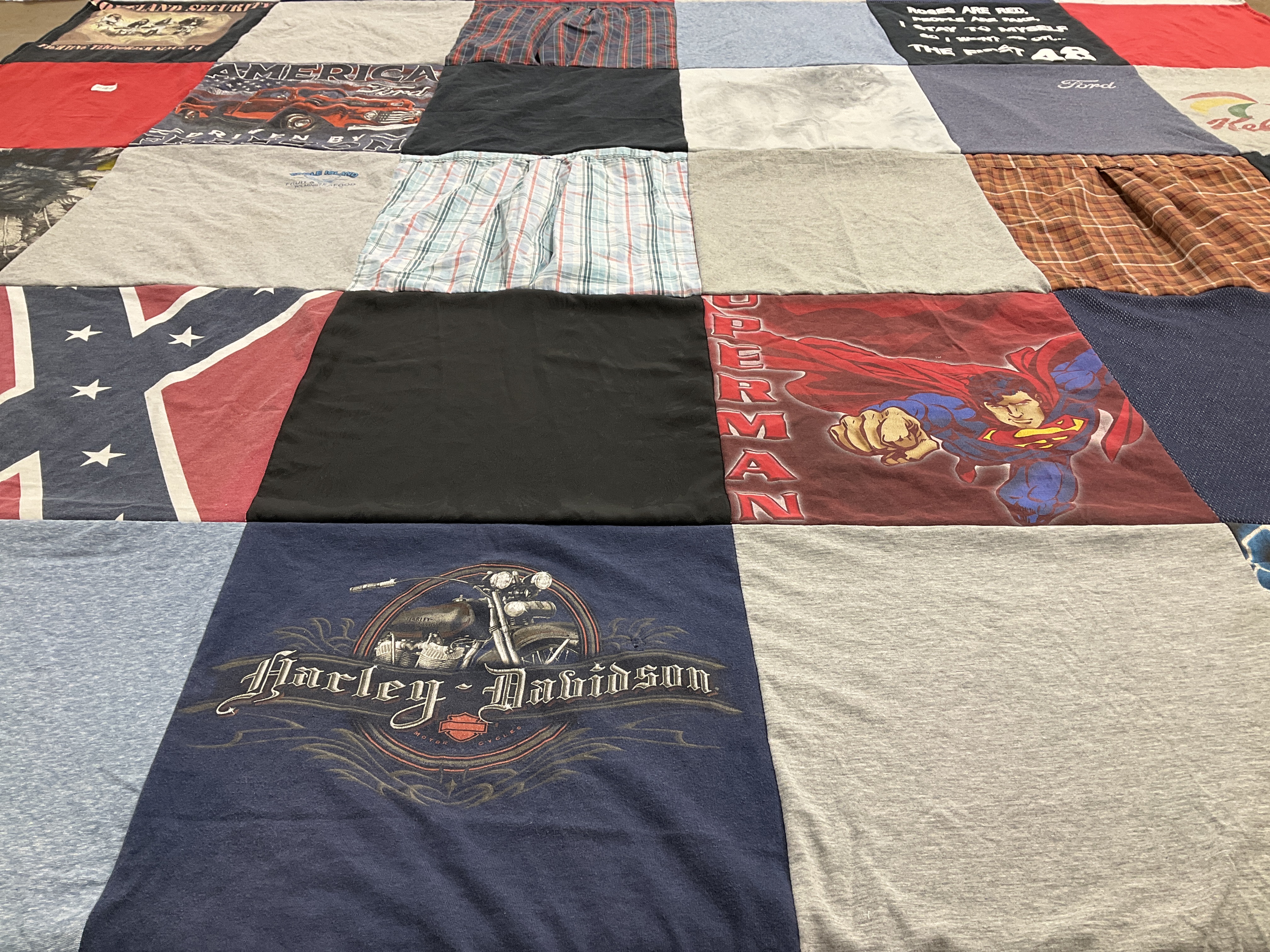 T-shirt quilt with motorcycles, superheroes themes by Savannah from NC