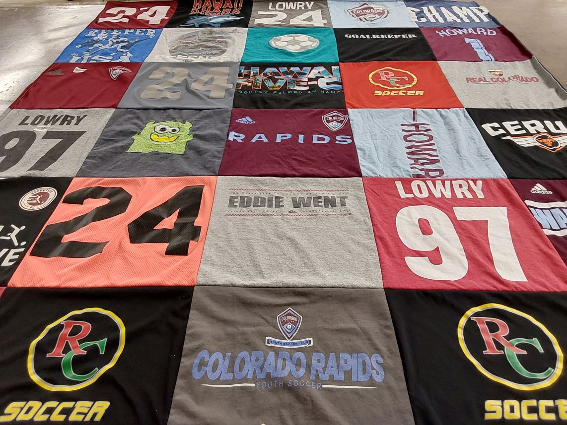 T-shirt quilt with soccer, sports themes by Elizabeth from CO