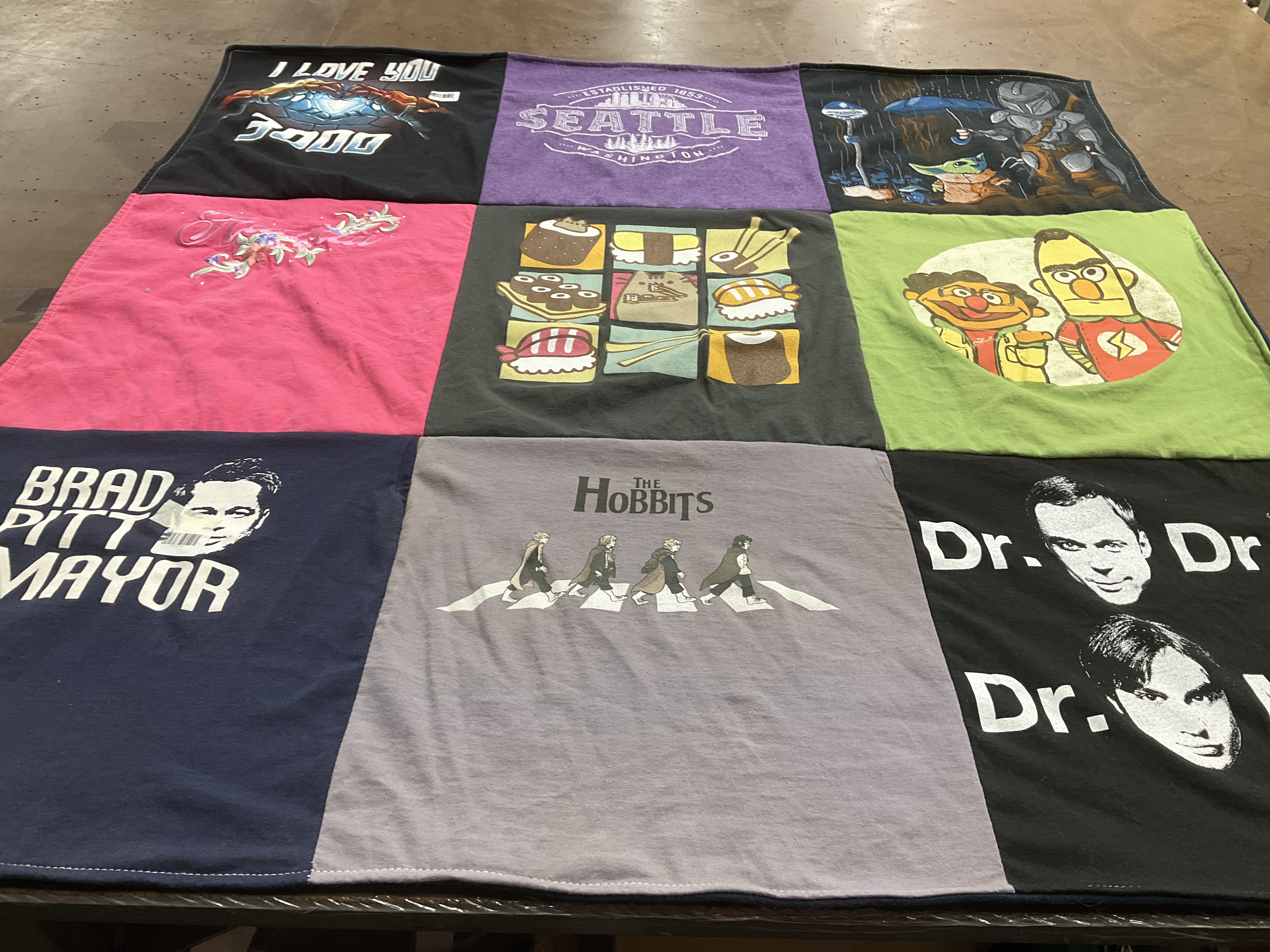 T-shirt quilt with pop culture, tv shows themes by Margie from CA