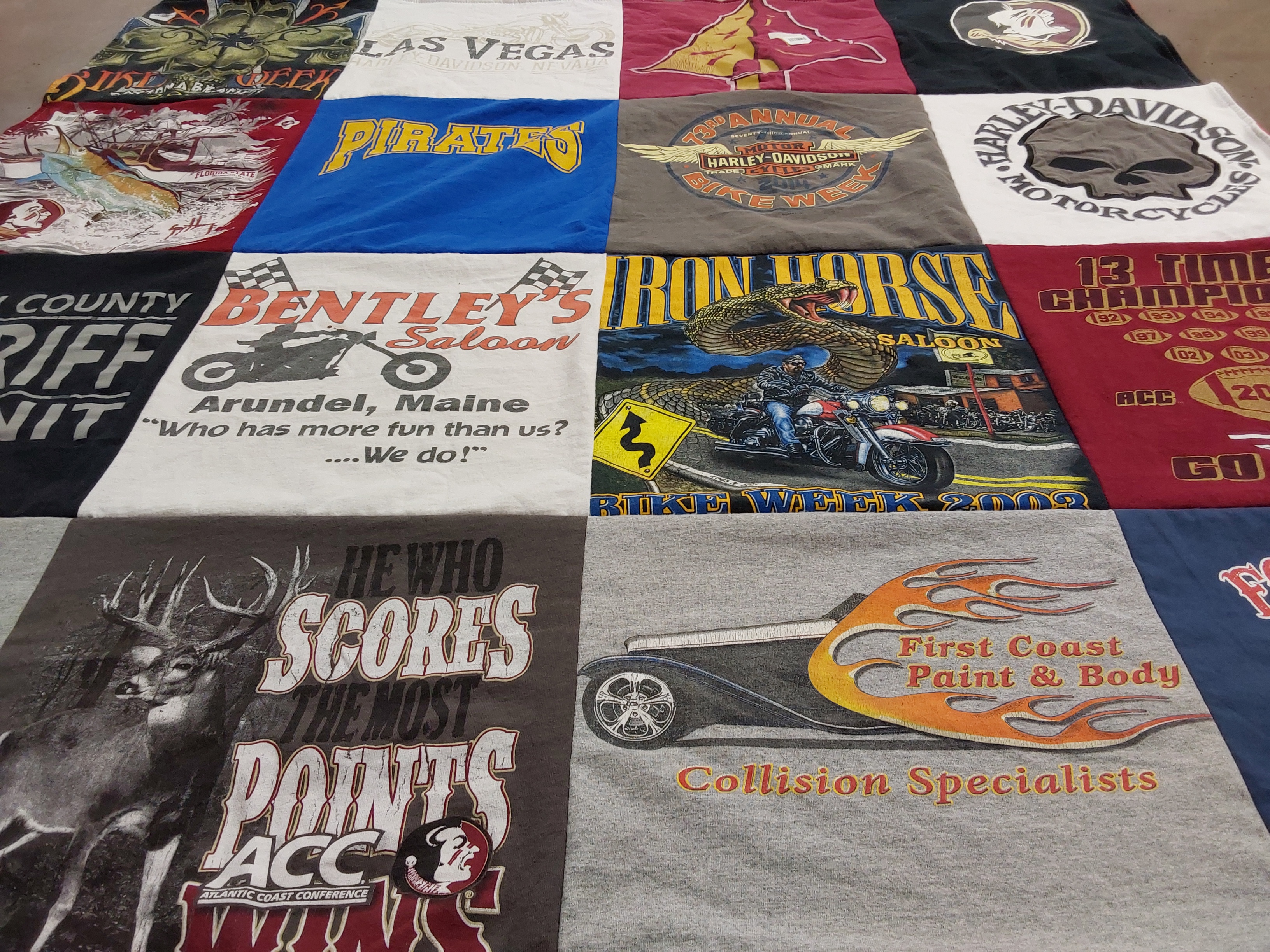 T-shirt quilt with motorcycles, bar themes by Caitlin from FL