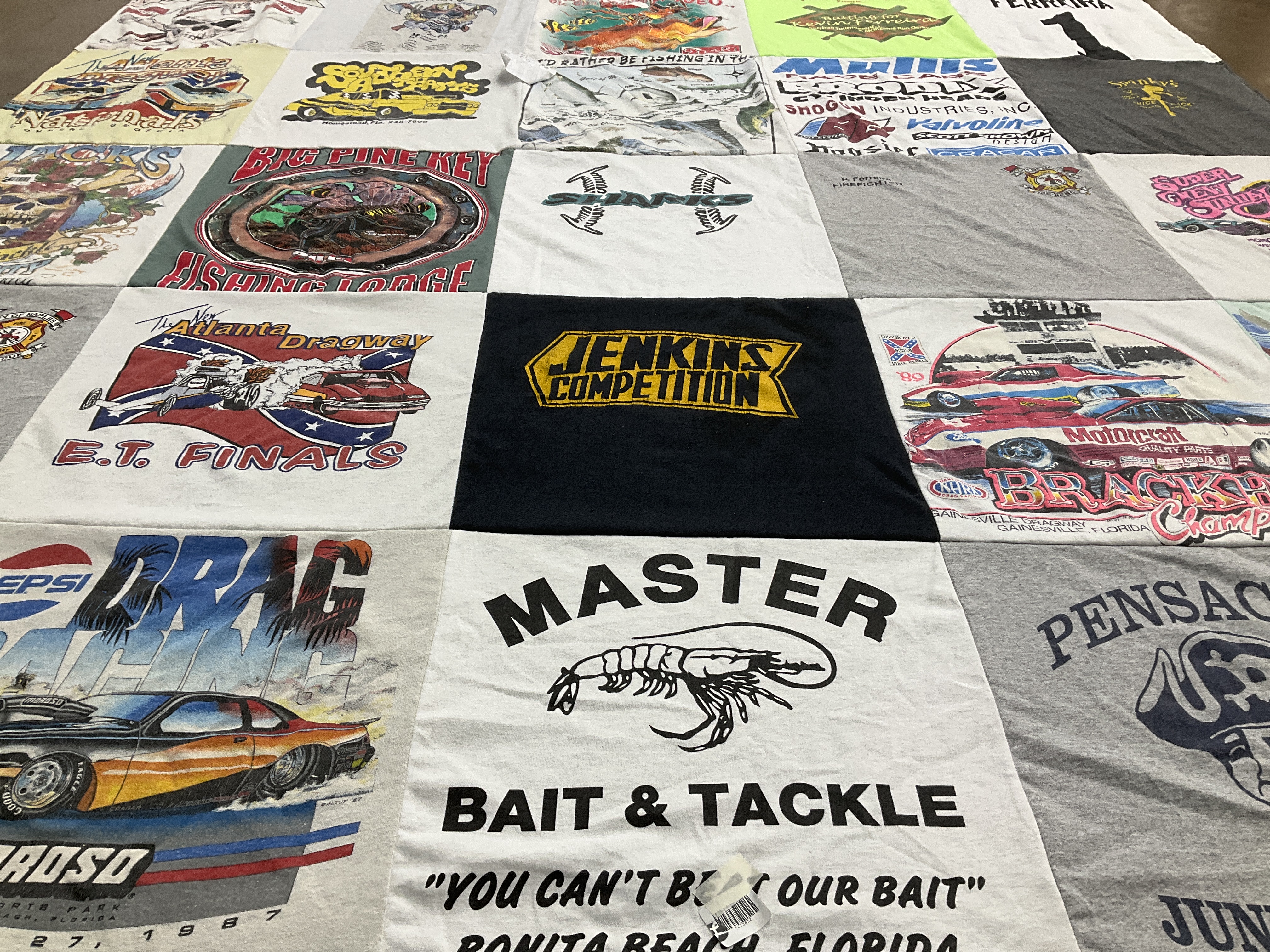 T-shirt quilt with drag racing, fishing themes by Kate from FL