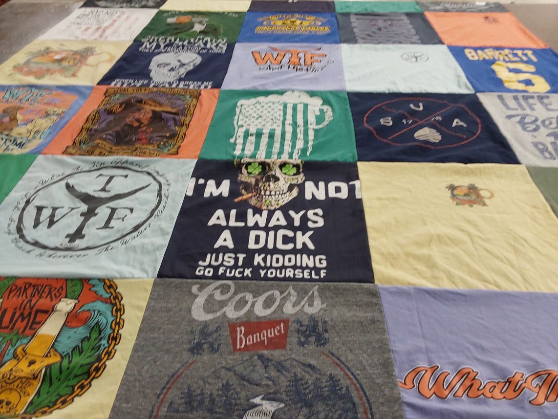 T-shirt quilt with beer, graphic design themes by Deborah from NY