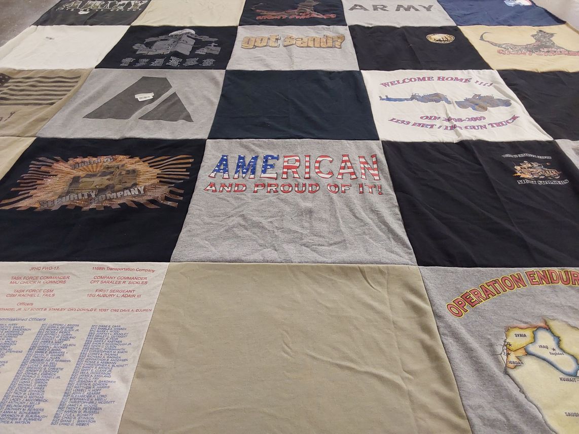 T-shirt quilt with military, patriotism themes by Beverly from IA