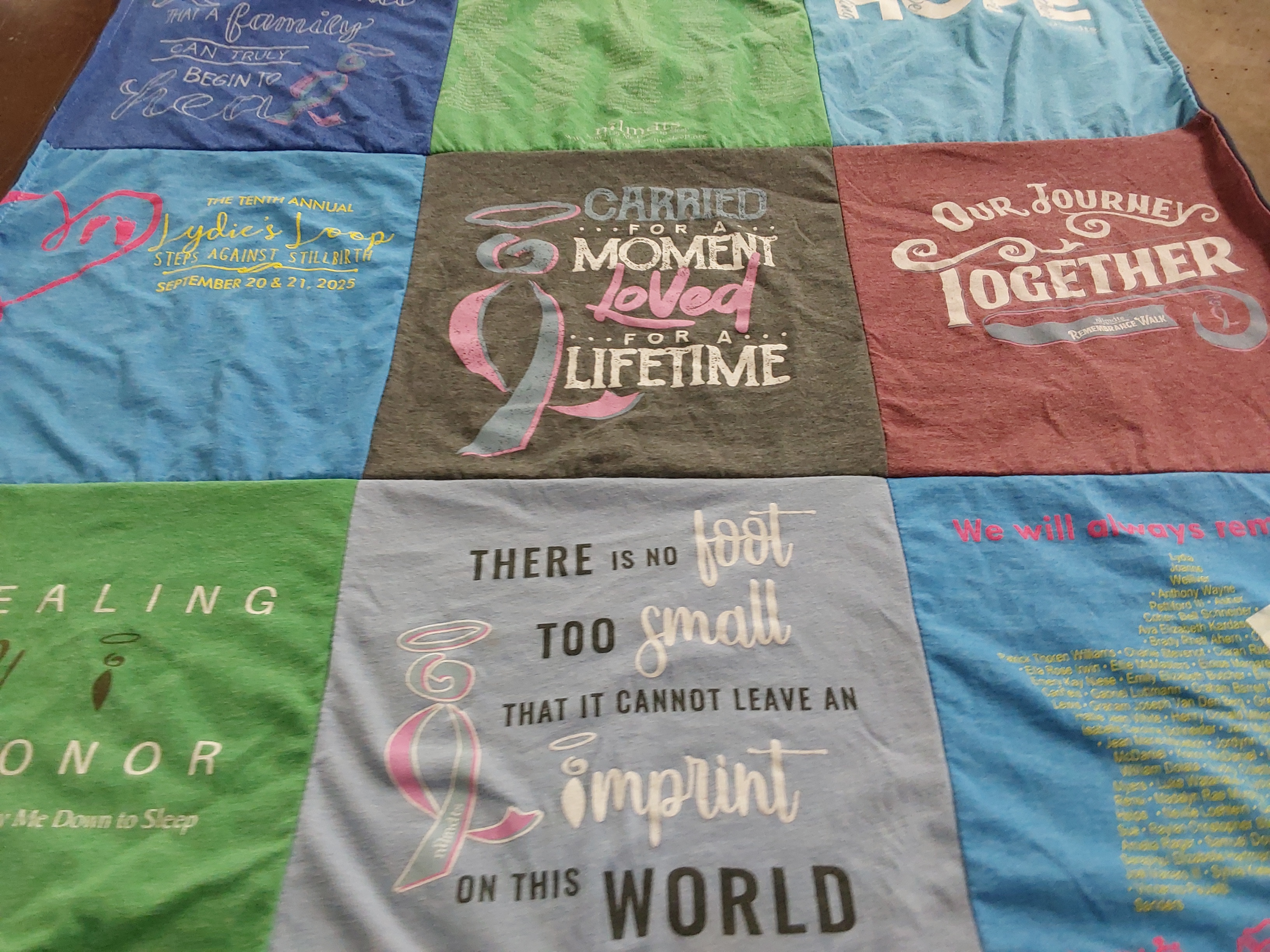 T-shirt quilt with stillbirth awareness, family support themes by Maria from OH