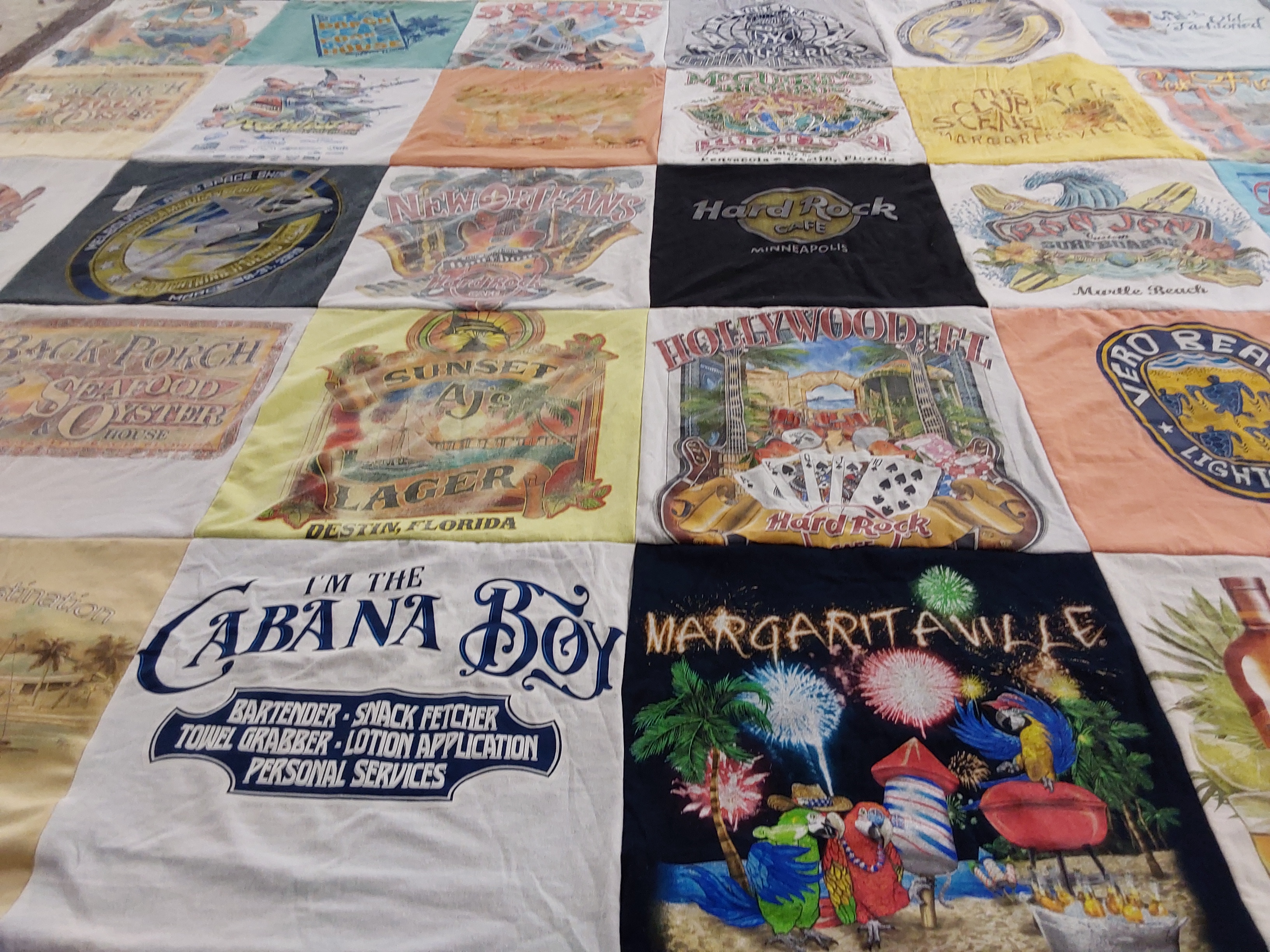T-shirt quilt with beach, food themes by Mary from FL