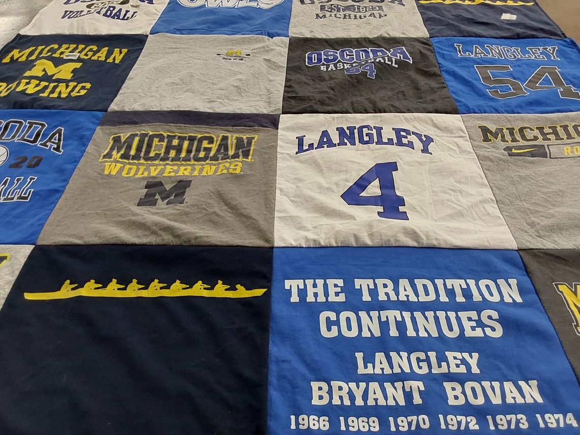 T-shirt quilt featuring michigan wolverines rowing team, oscoda basketball team by Kristen from MI