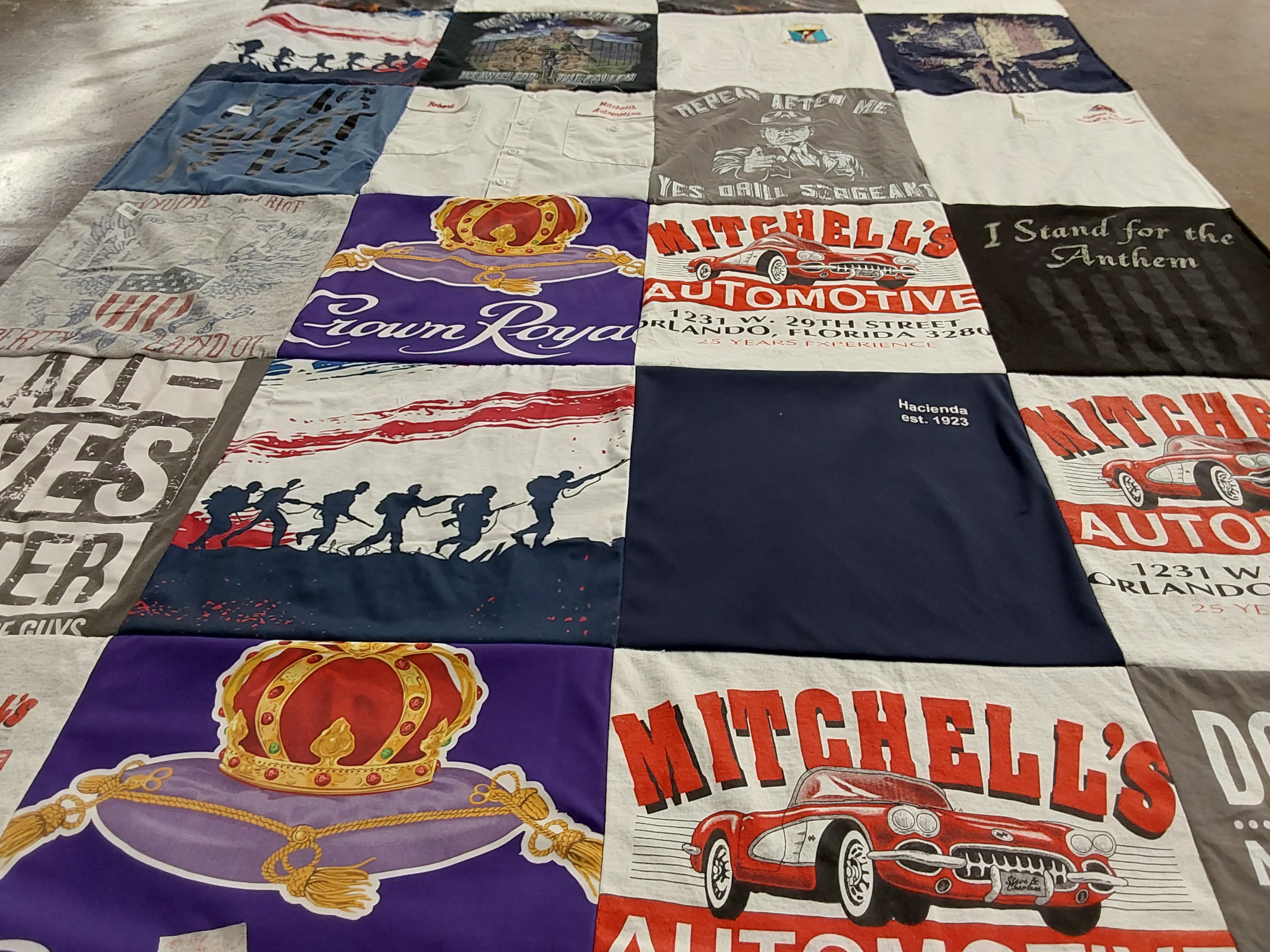 T-shirt quilt with automotive, military themes by Charlene from FL