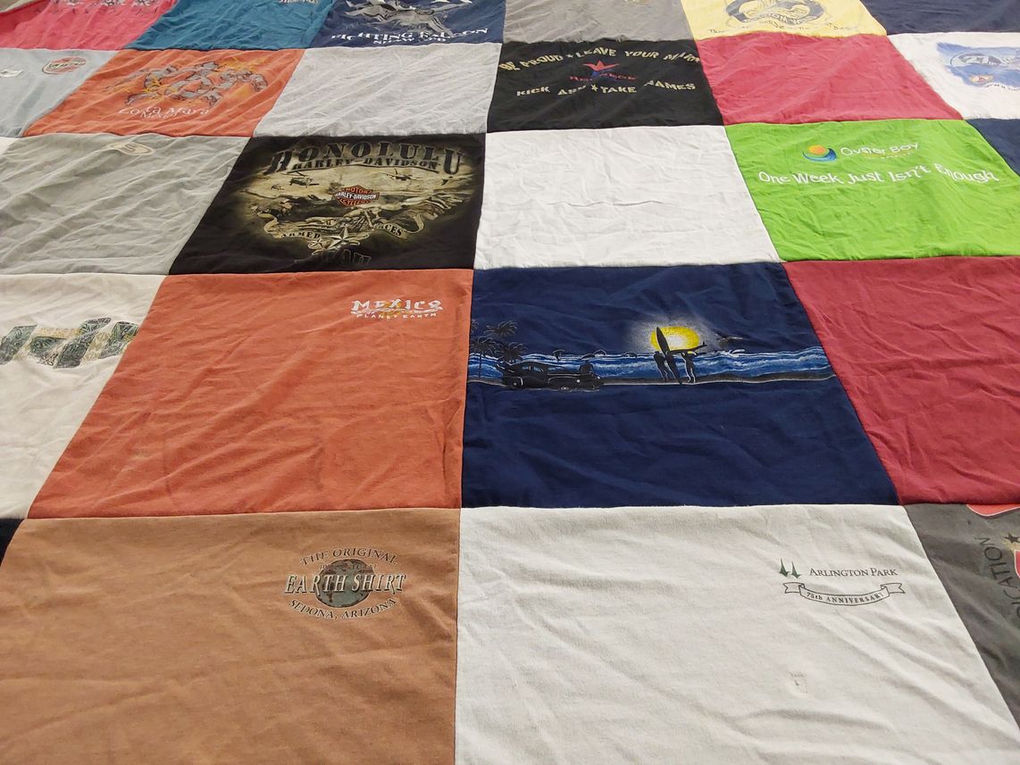 T-shirt quilt with travel, beaches themes by Shelly from NC