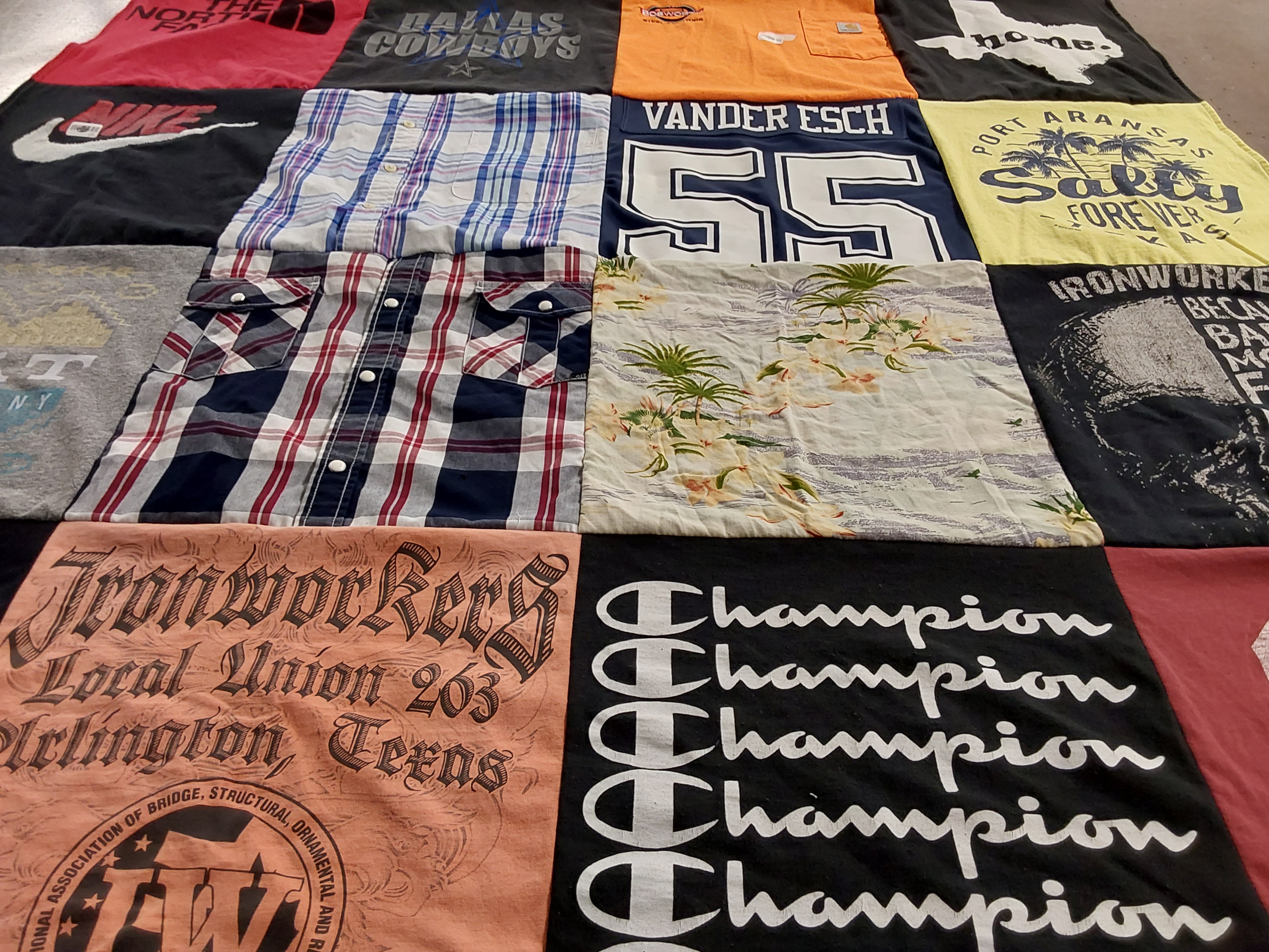 T-shirt quilt with sports, texas themes by Doris from TX