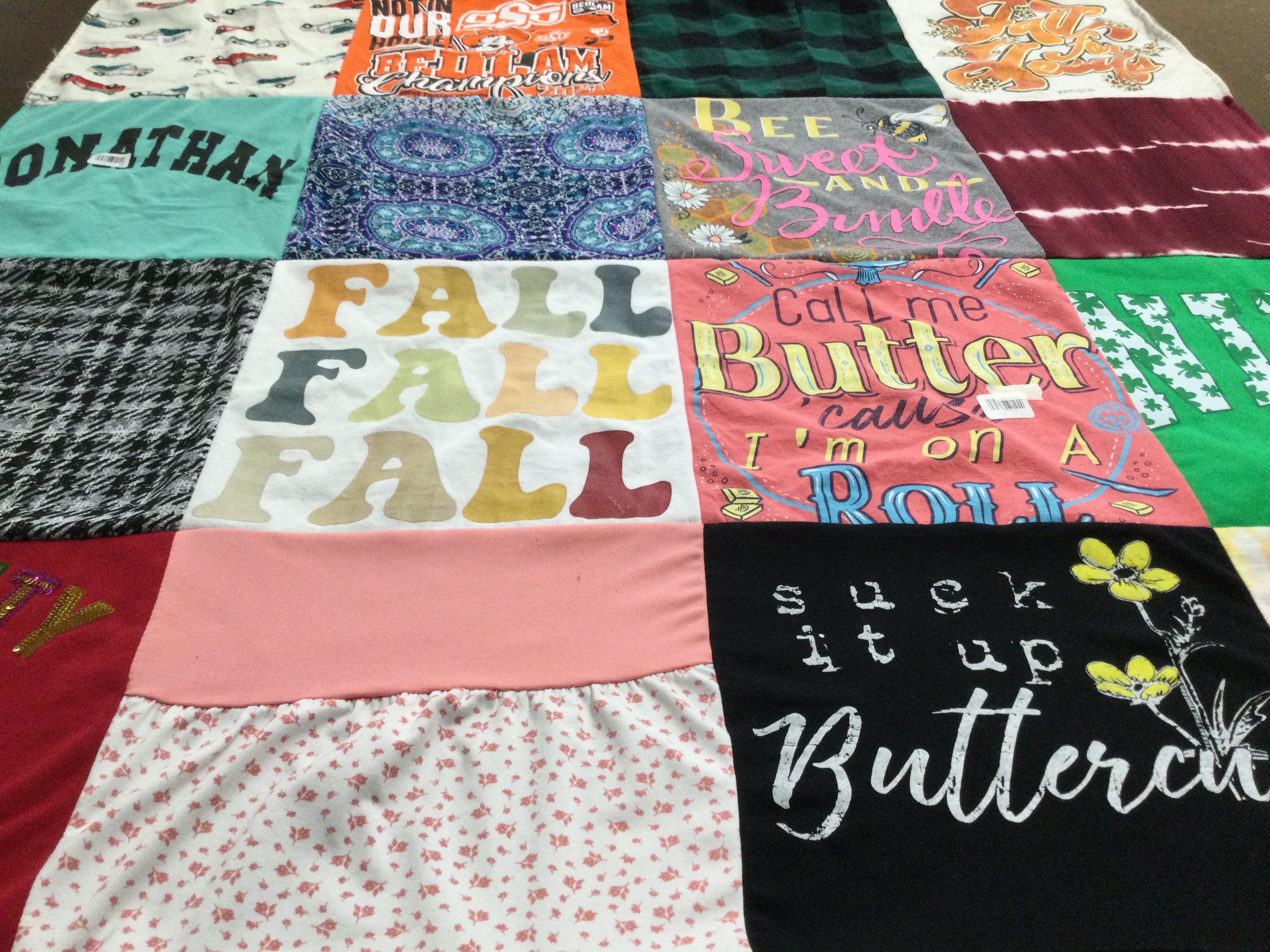 T-shirt quilt with seasons, humor themes by Christie from OK