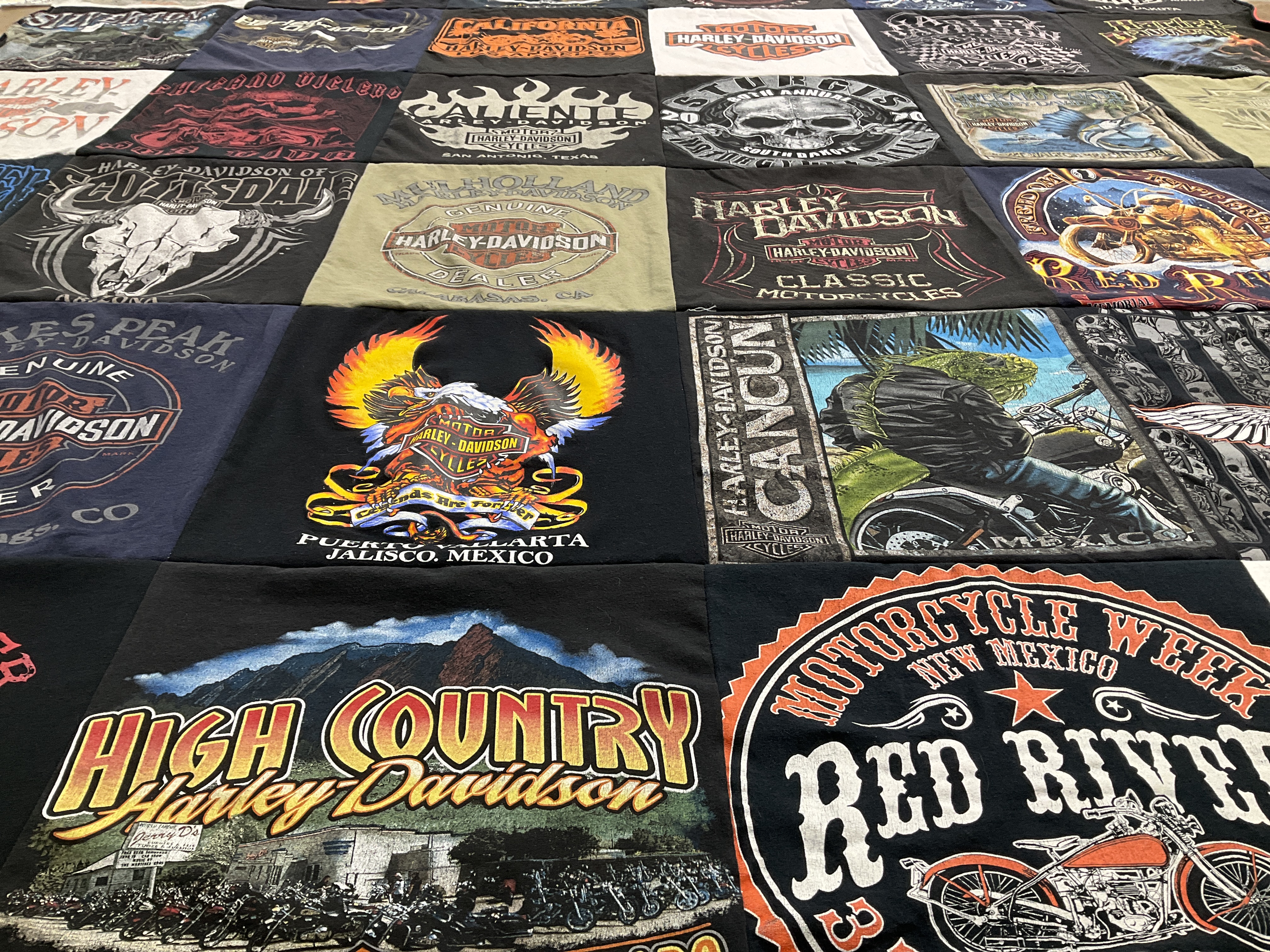 T-shirt quilt with motorcycles, travel themes by Liza from CO
