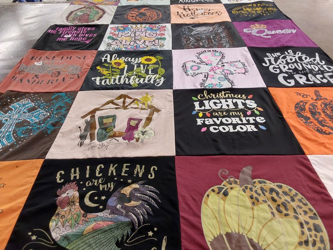 T-shirt quilt with faith, community themes by Cindy from TX