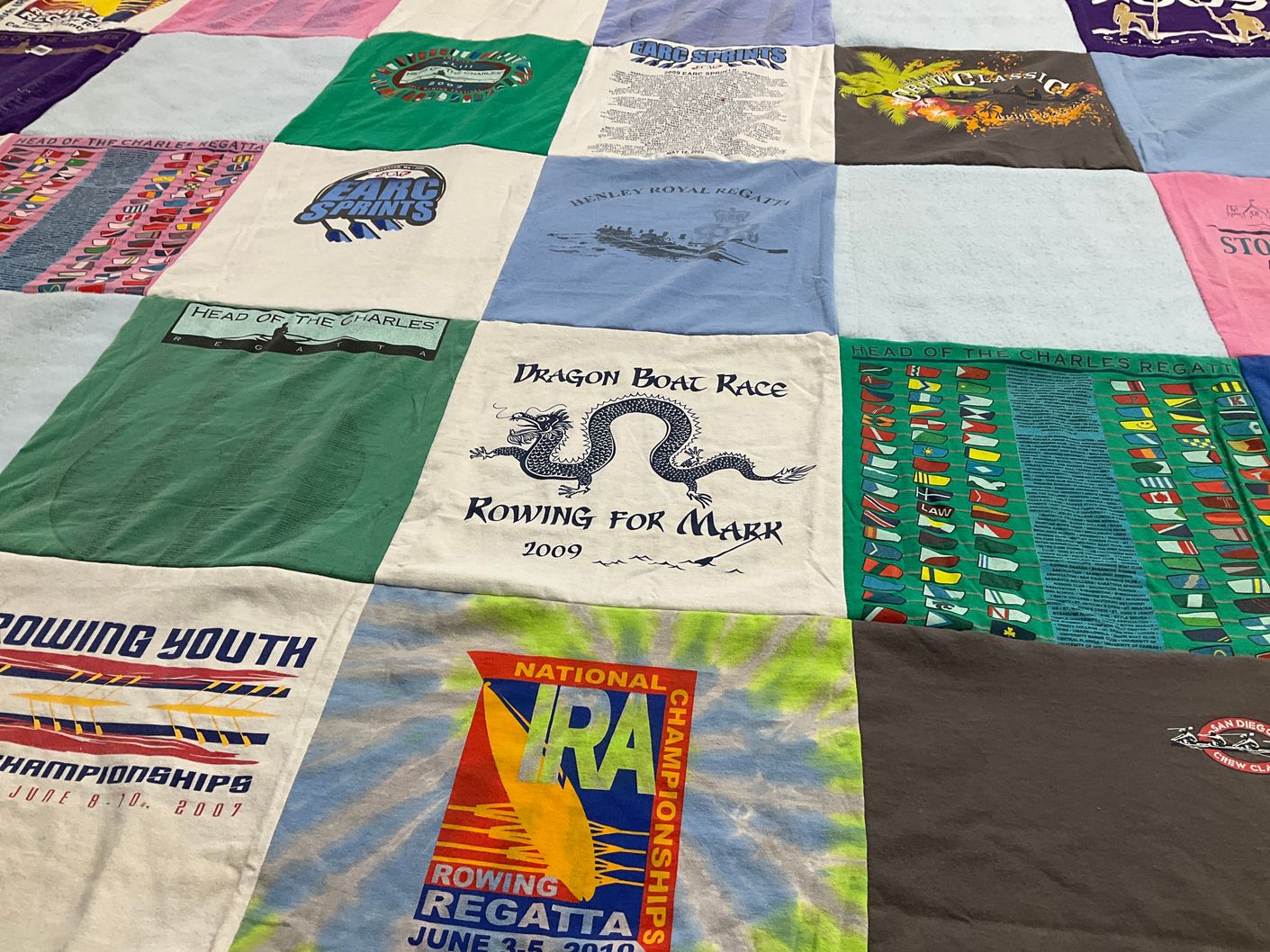 T-shirt quilt with rowing, boating themes by Jane from DE