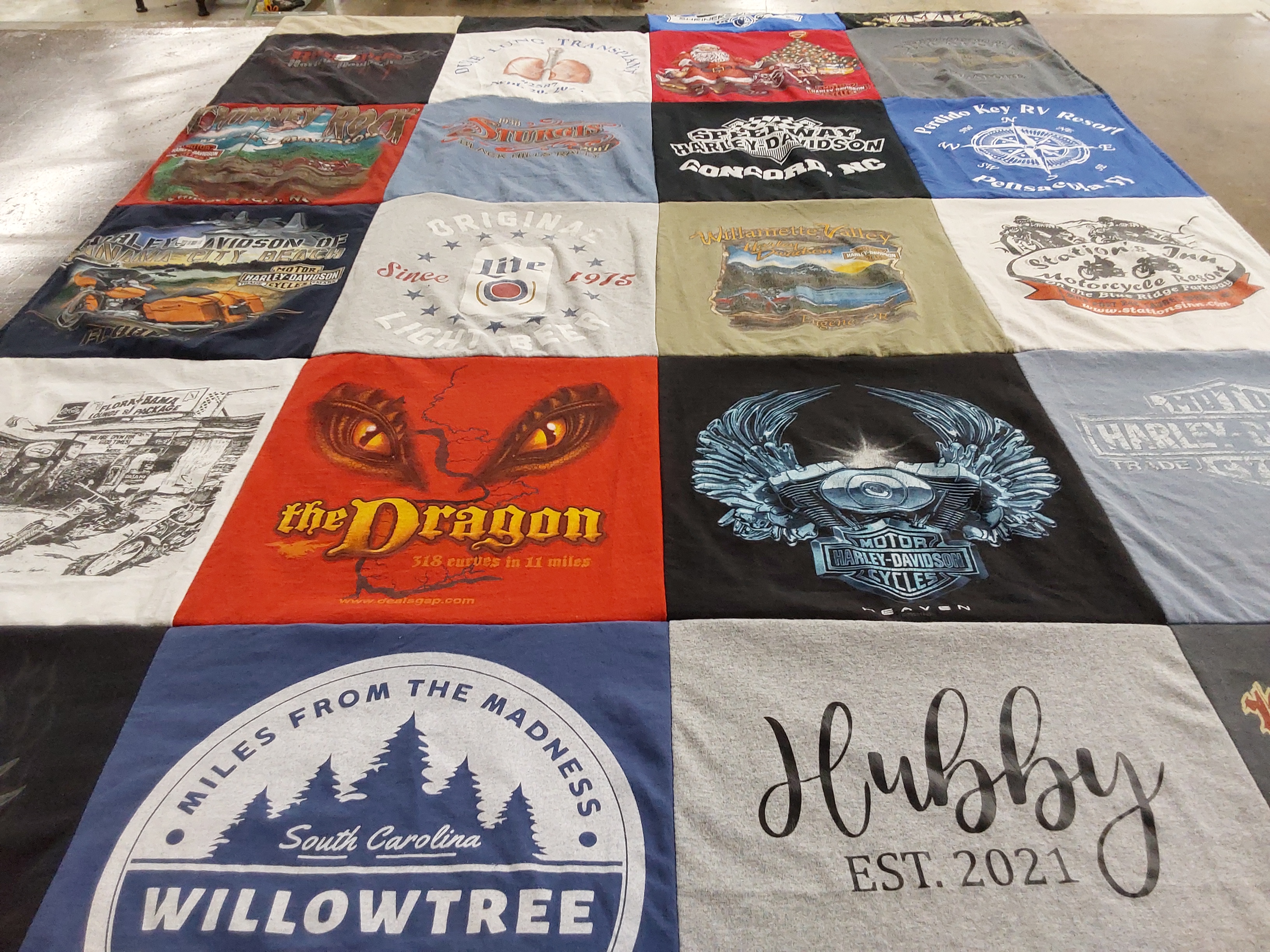 T-shirt quilt with motorcycles, biking themes by Jan from SC