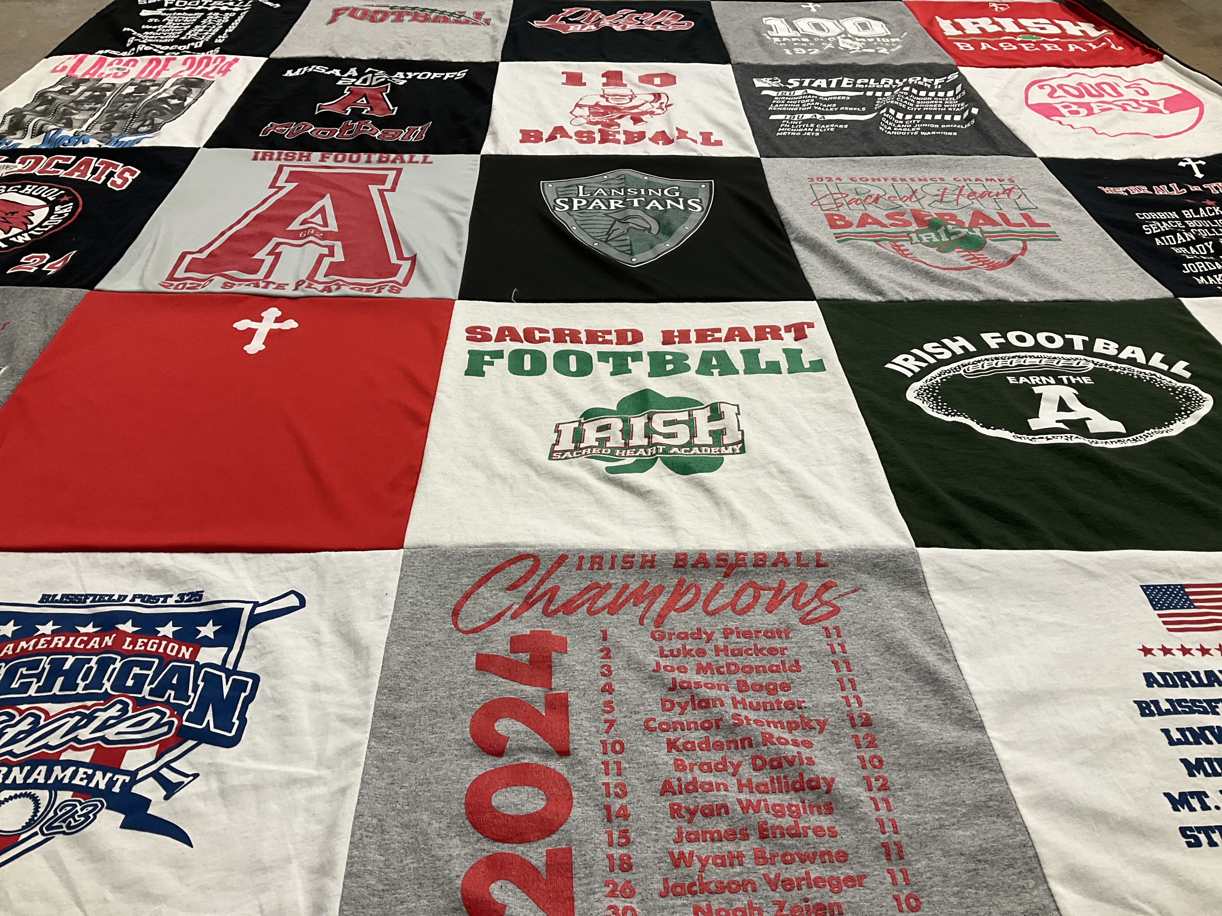 T-shirt quilt featuring sacred heart football, irish football by Jennifer from MI