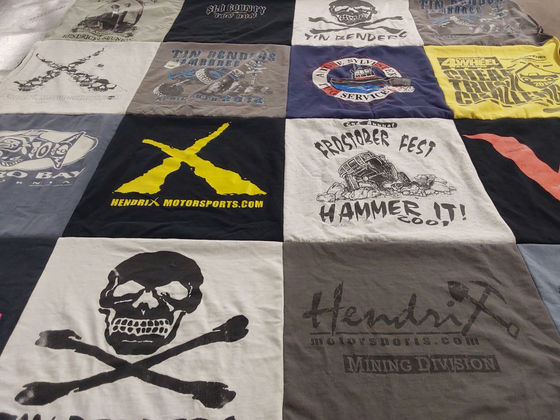 T-shirt quilt with motorsports, off-roading themes by Raelynn from CA