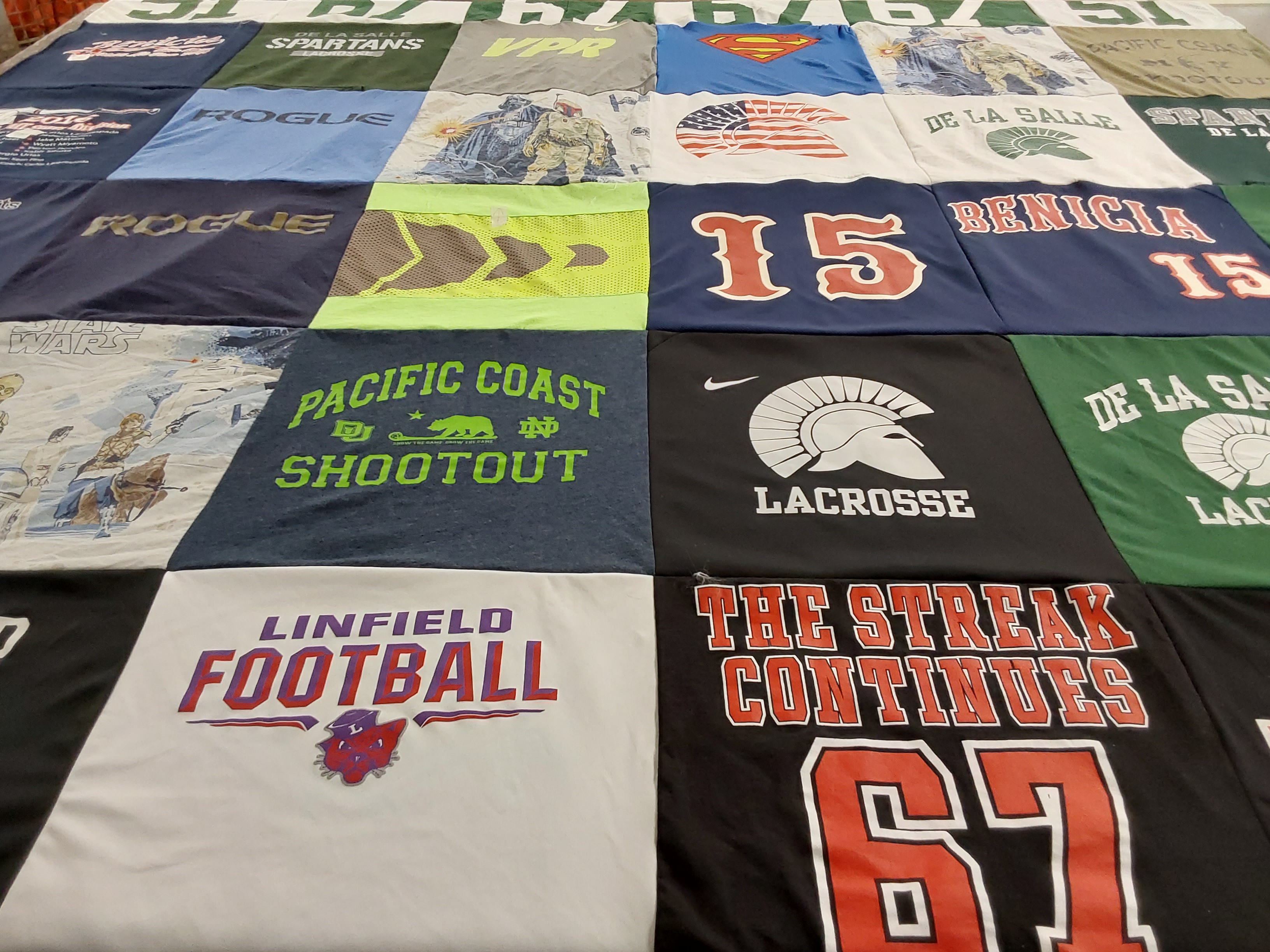 T-shirt quilt featuring linfield football, de la salle lacrosse by Nicole from CA