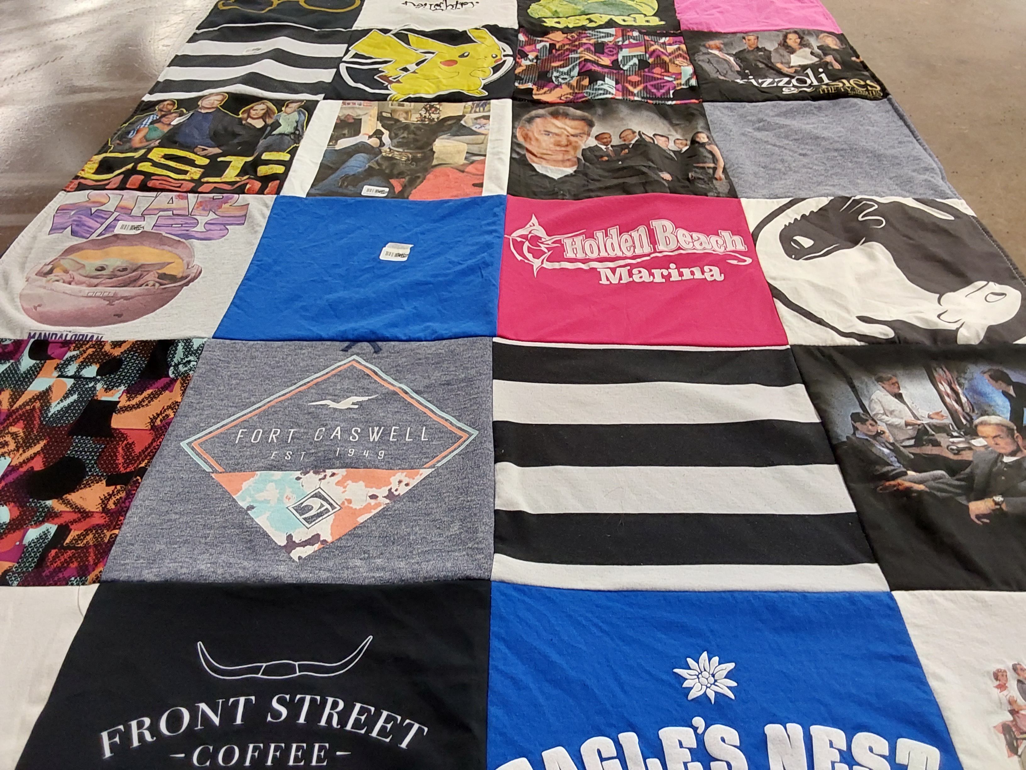 T-shirt quilt with coffee, beach themes by Audra from NC