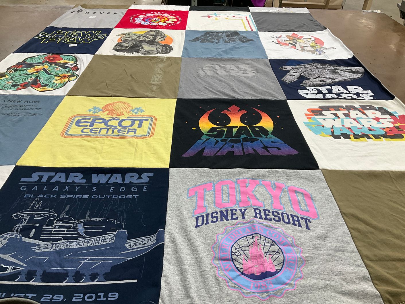 T-shirt quilt with star wars, disney parks themes by Kasey J. from FL