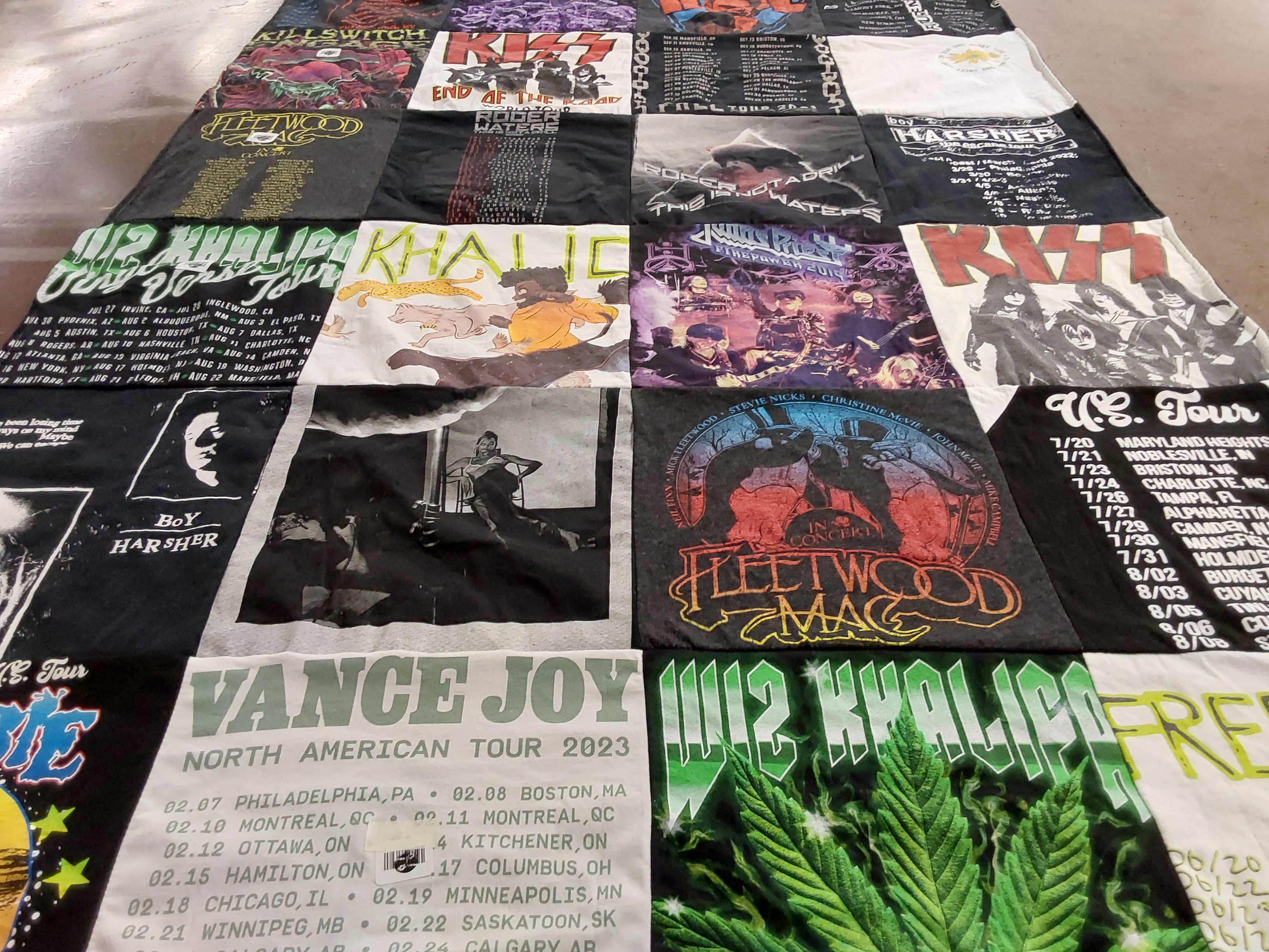 T-shirt quilt with music, concerts themes by Elliot from RI