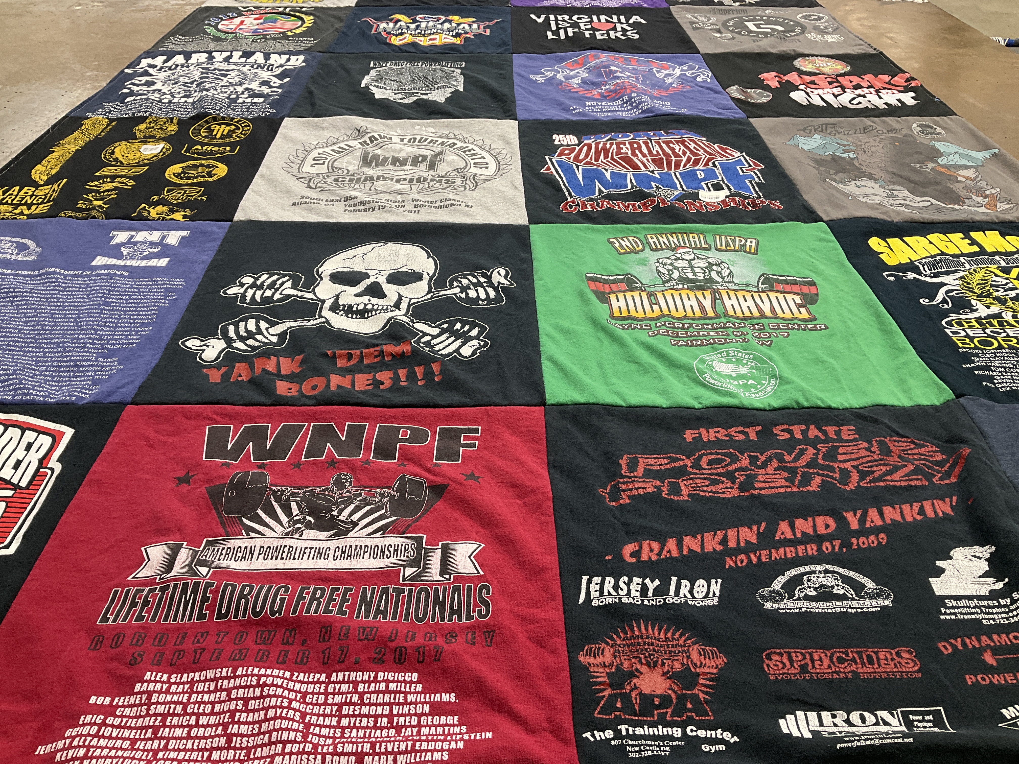 T-shirt quilt with powerlifting, fitness themes by Krissy from MD