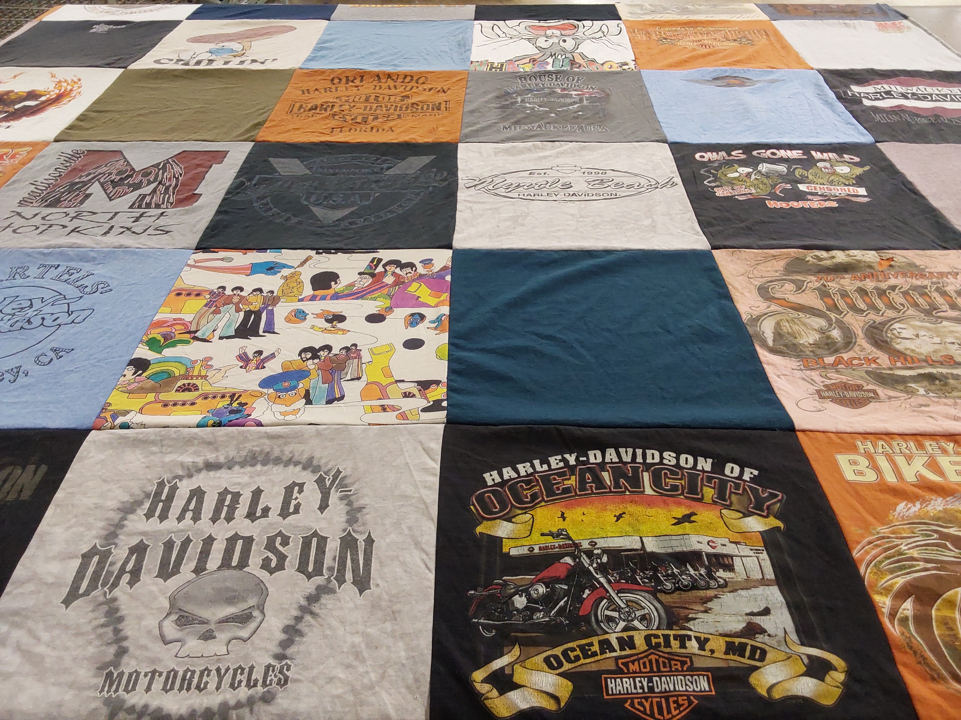 T-shirt quilt with motorcycles, harley davidson themes by Bonnie from KY