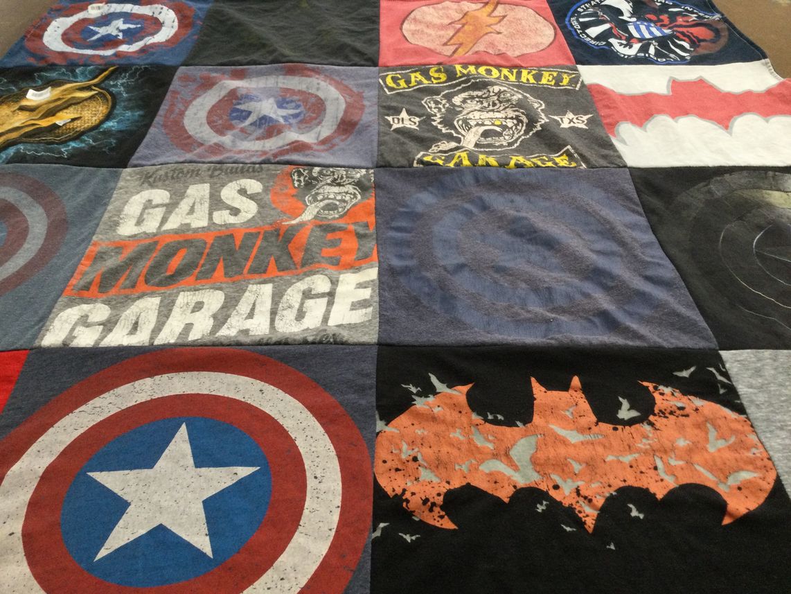 T-shirt quilt with automotive, comics themes by Jennifer from GA