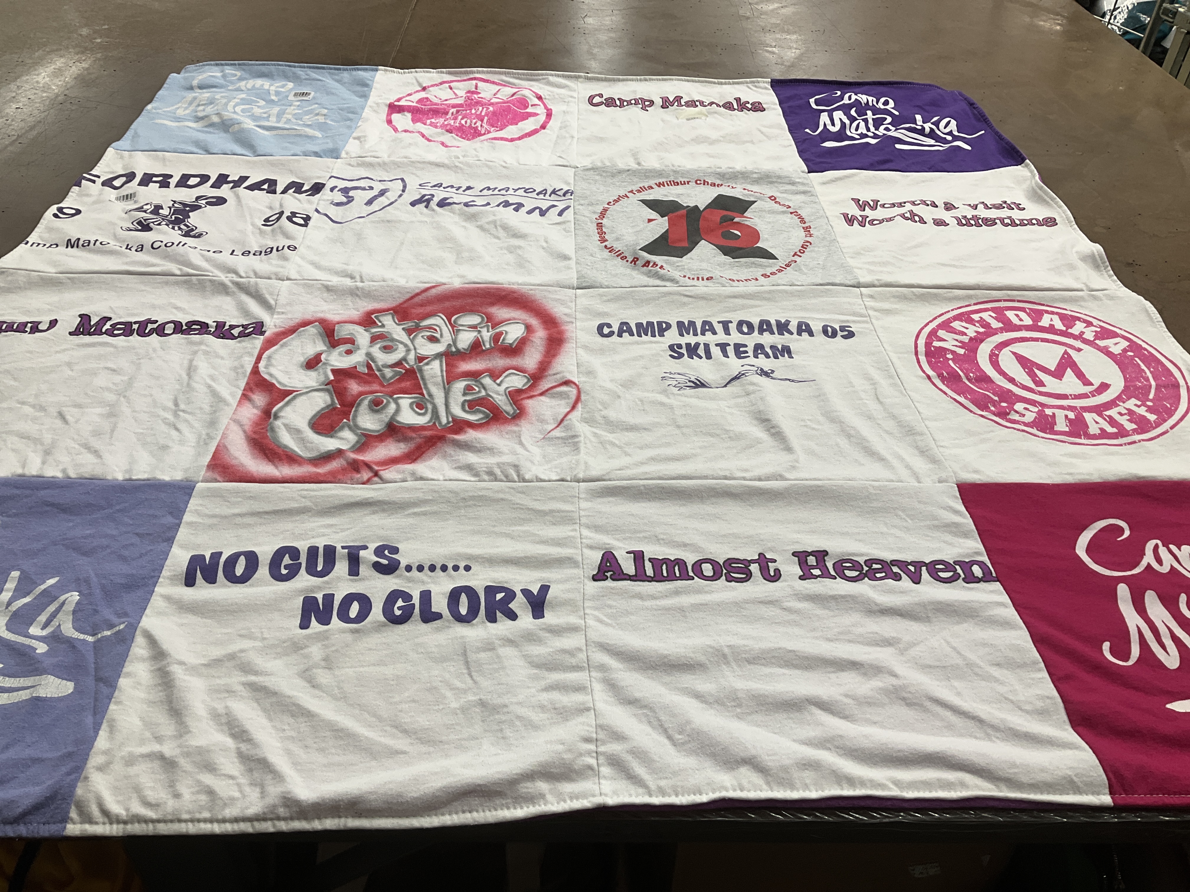 T-shirt quilt with camping, outdoor activities themes by Abby from MA